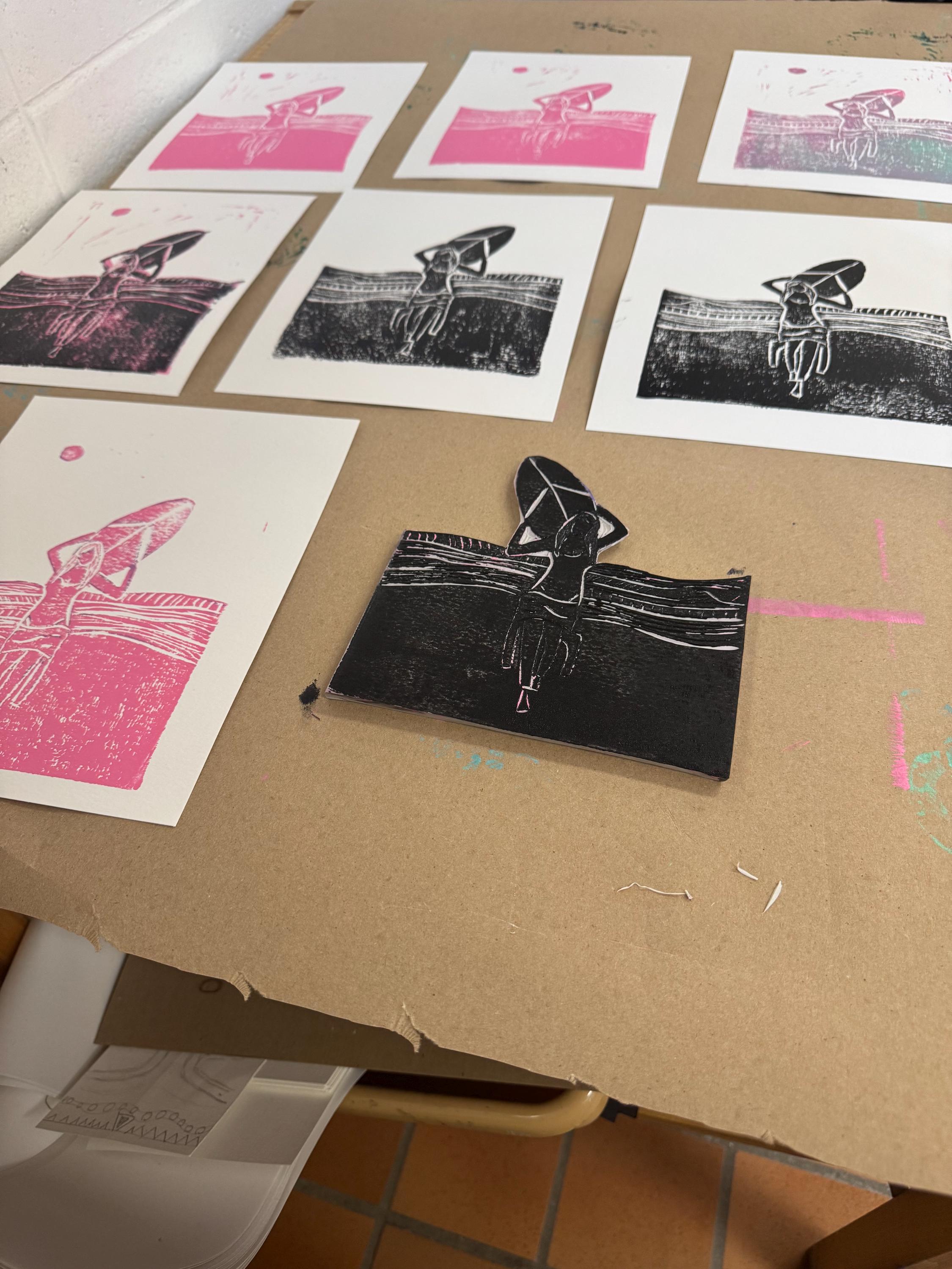 Old Skool Surfer Girl 3 Poster linoleum block print original designs hand printed custom order with your beach town