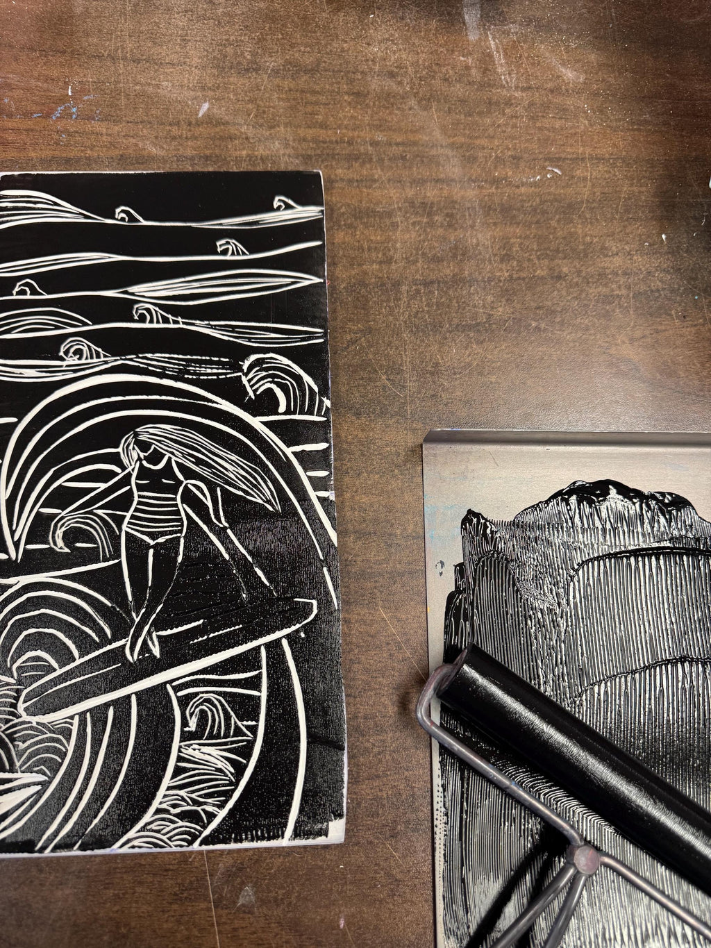 Surfer girl  linoleum block print hand printed