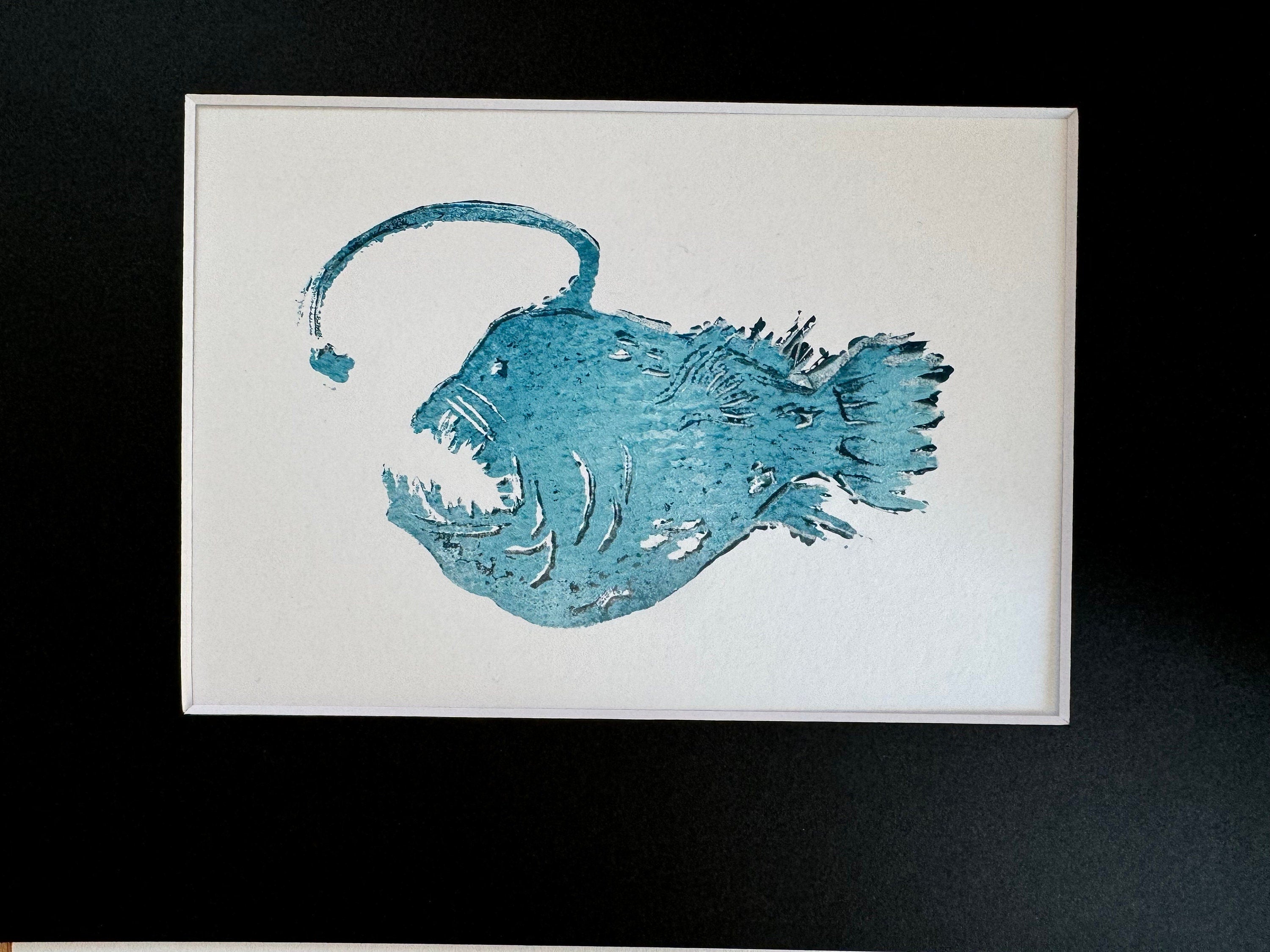 Little Angler Fish linoleum block print hand printed