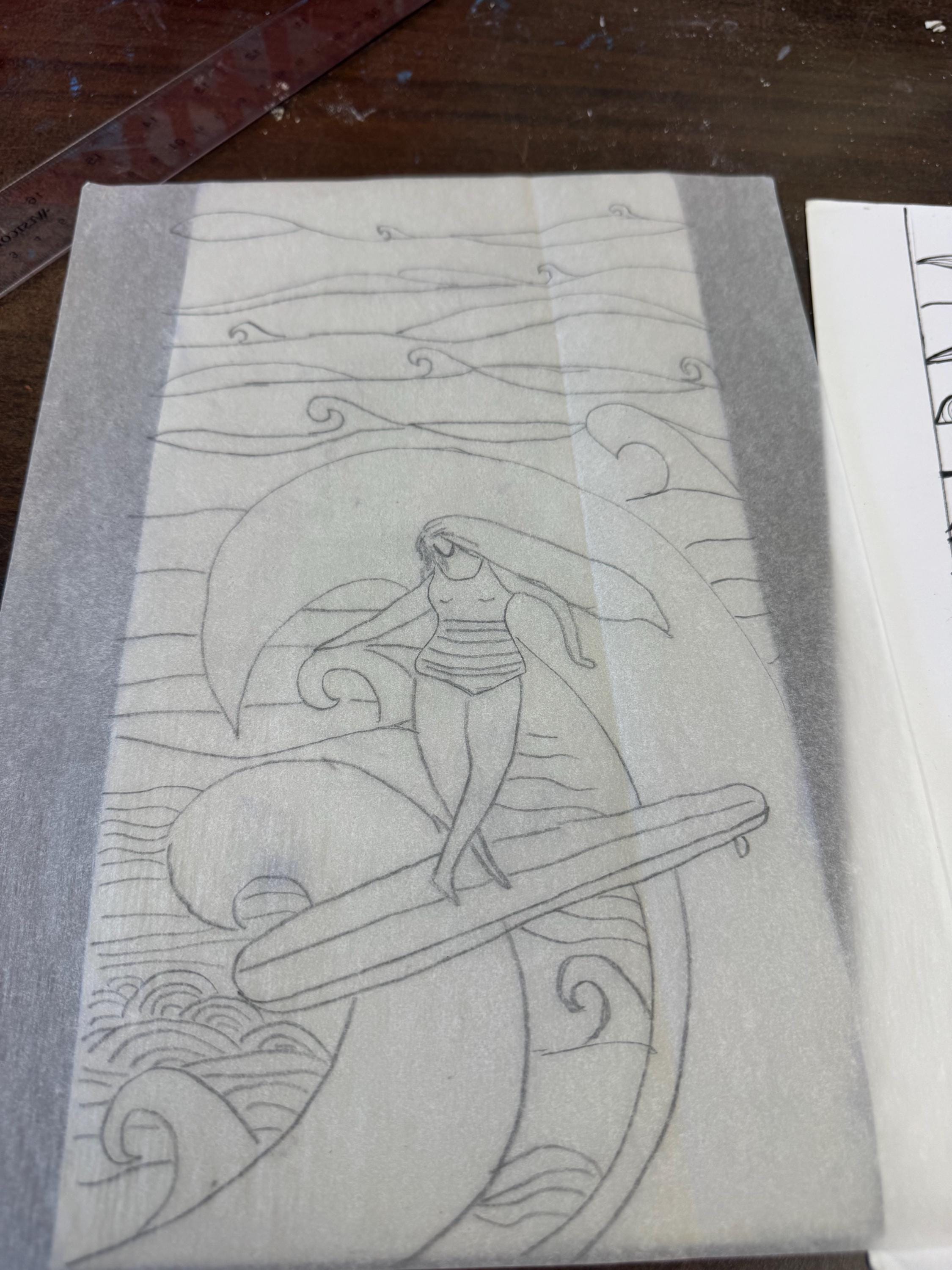 Surfer girl  linoleum block print hand printed