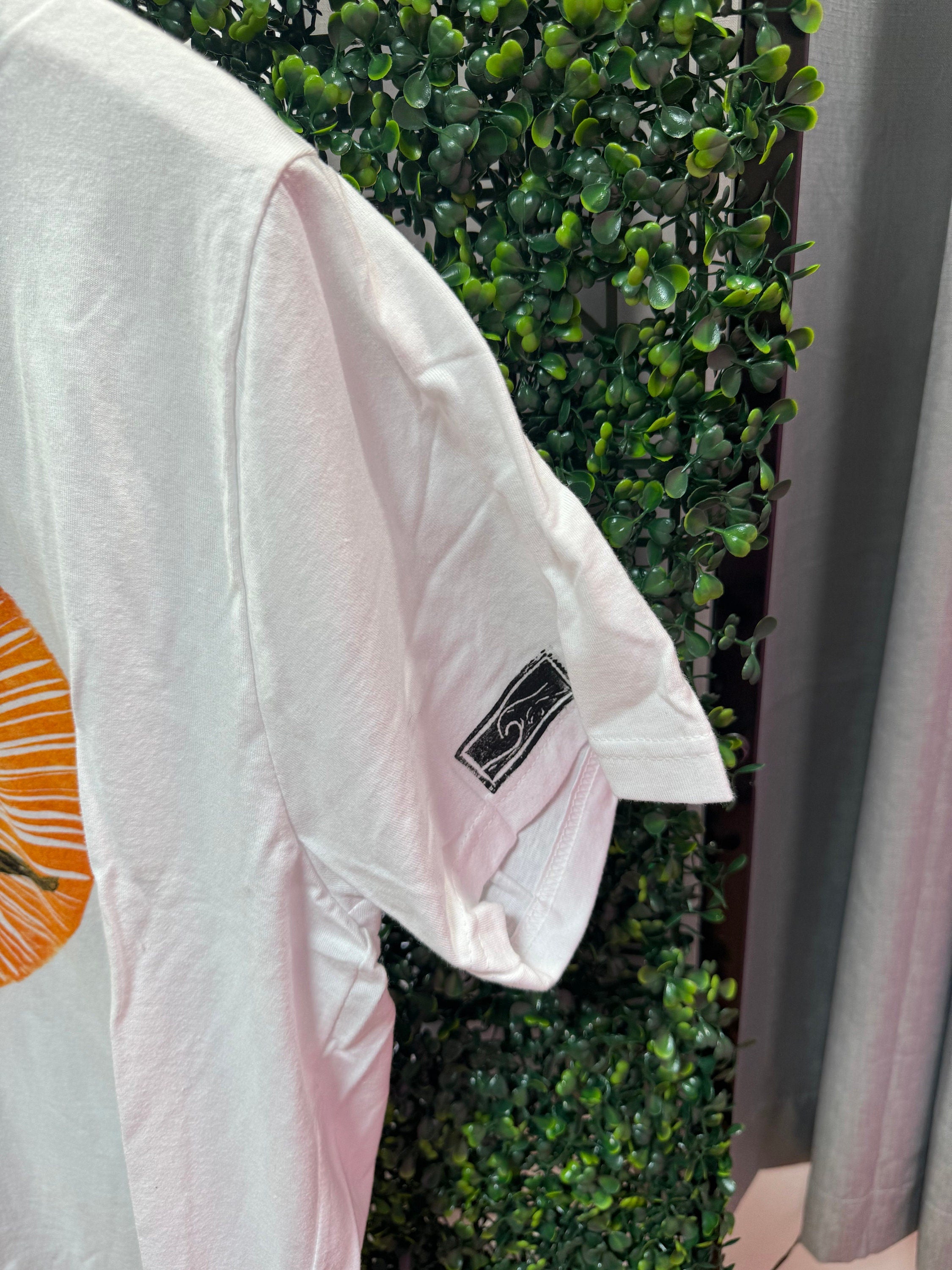 surfer girl wave white hand printed block printed T-shirt with orange sun