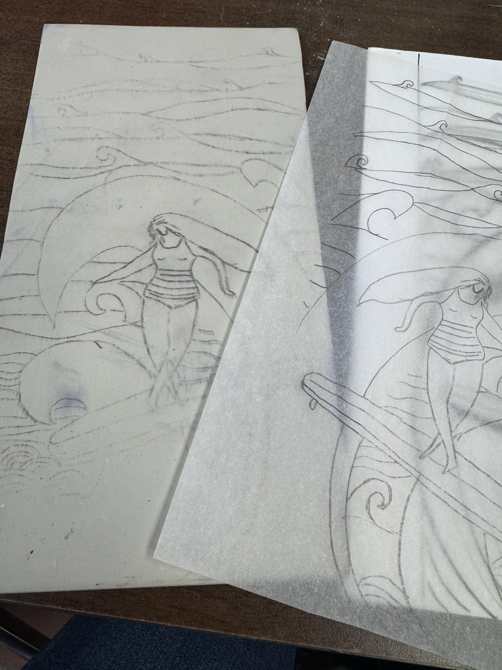 Surfer girl  linoleum block print hand printed