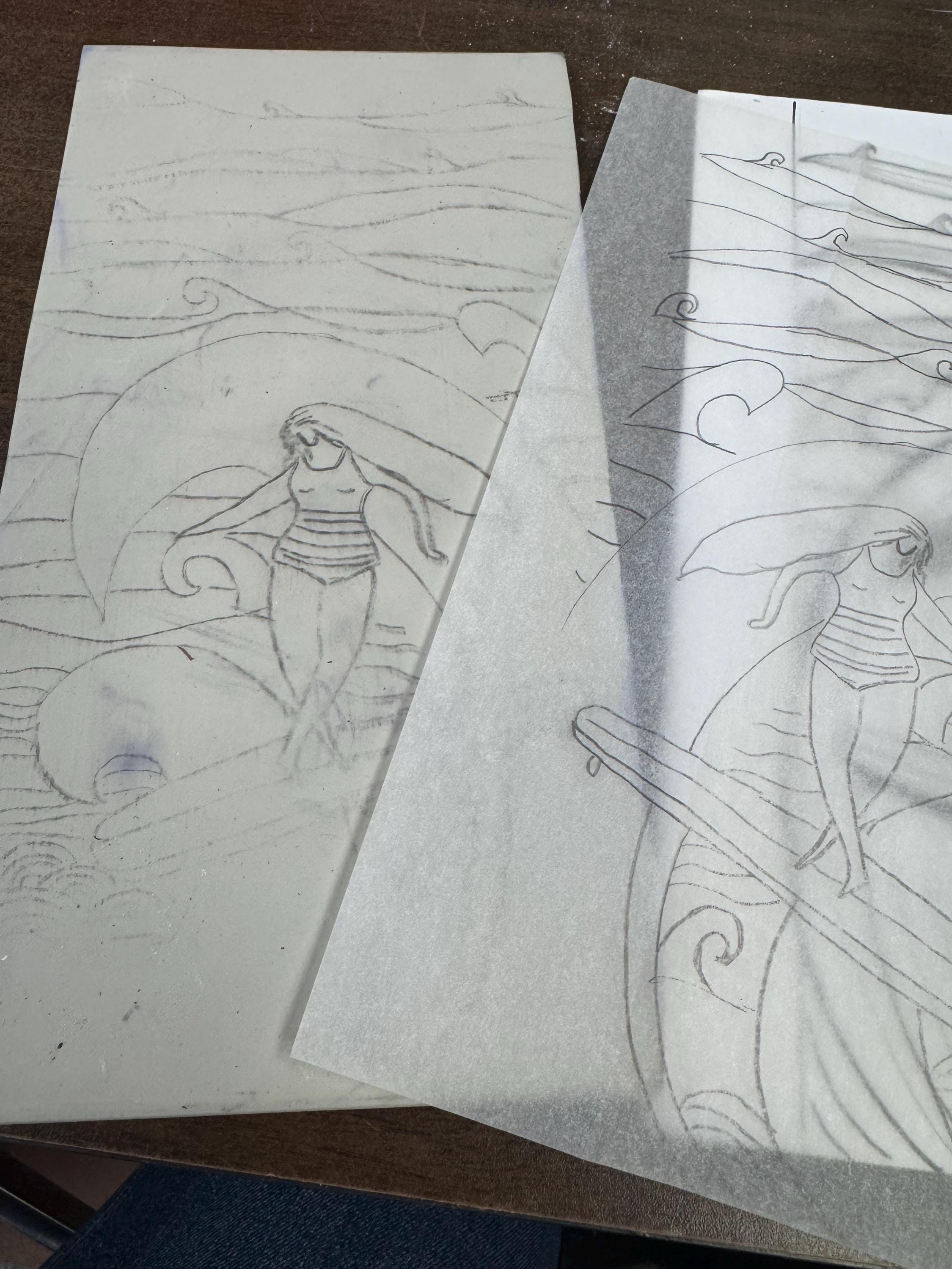 Surfer girl  linoleum block print hand printed