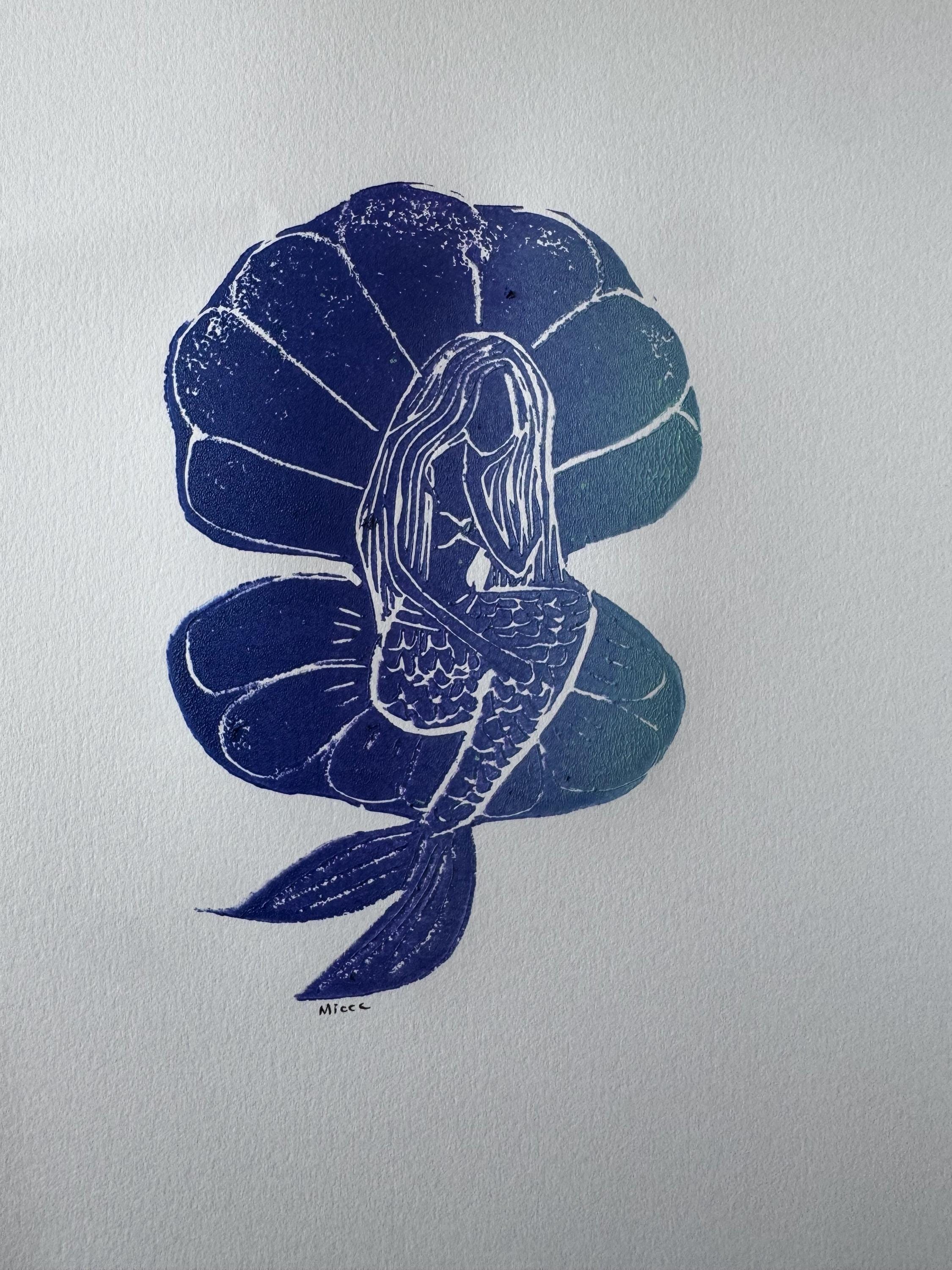 Mermaid in a shell  linoleum block print hand printed