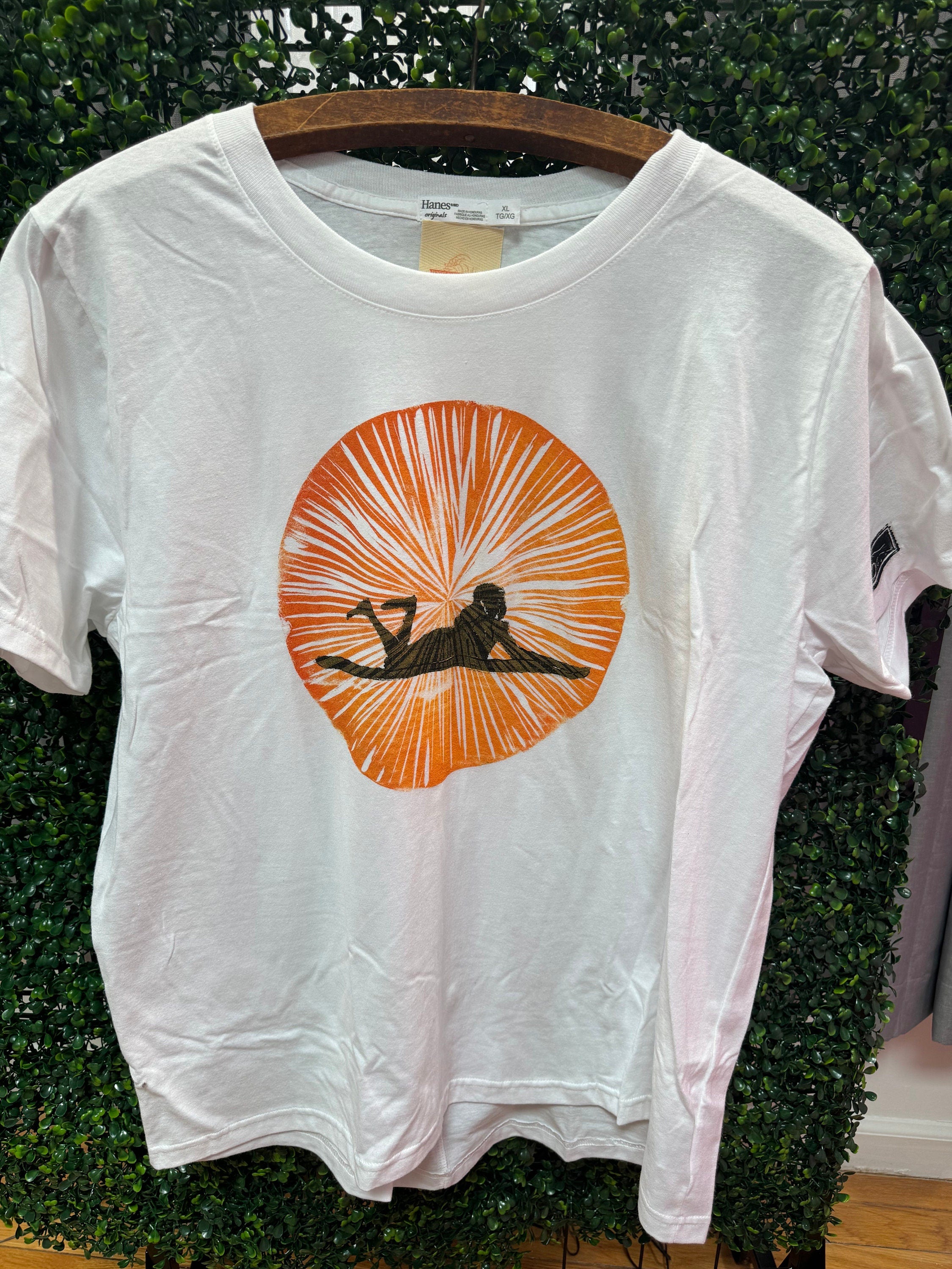 surfer girl wave white hand printed block printed T-shirt with orange sun
