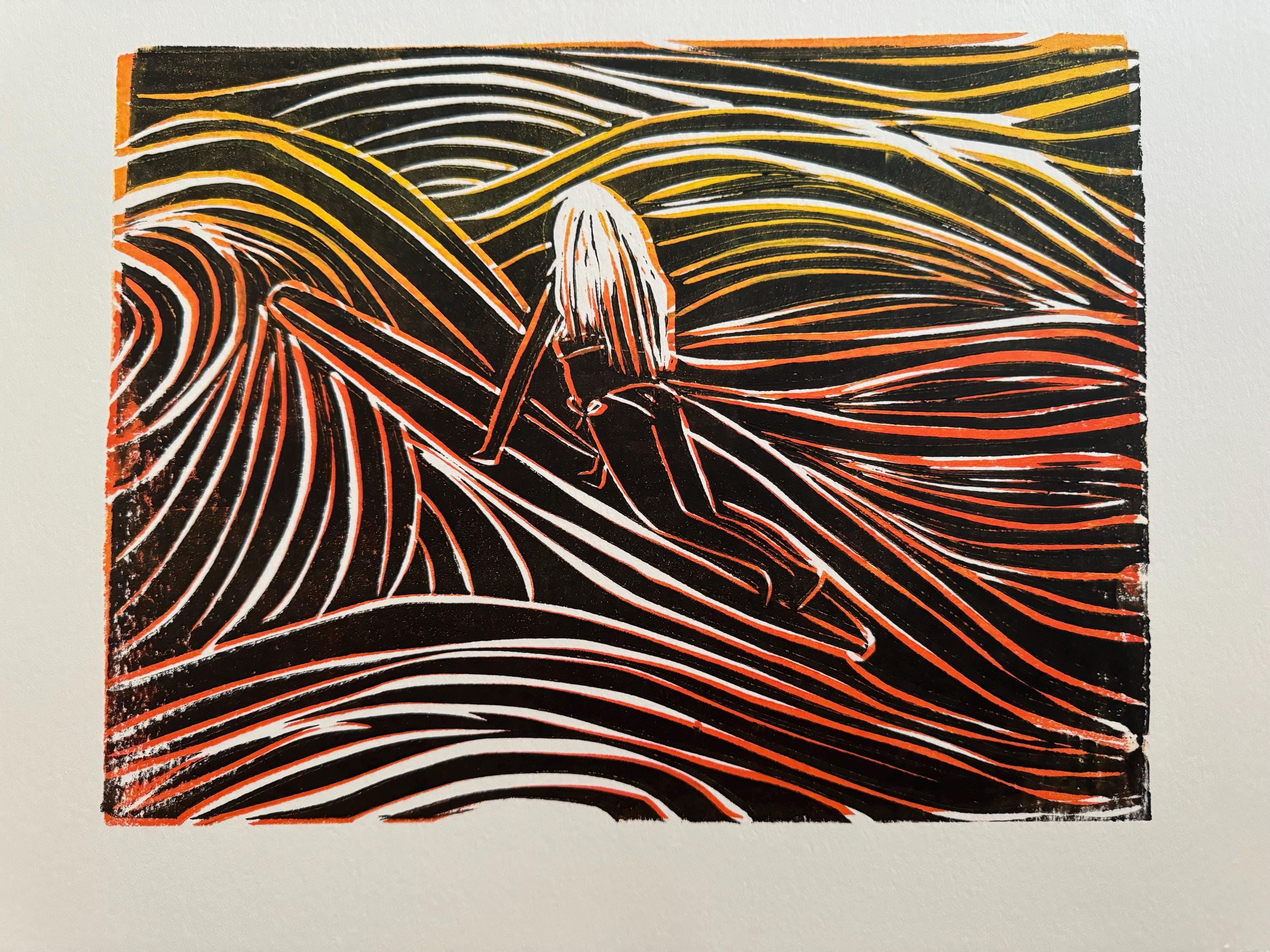 Surfer Girl Bella   linoleum block print