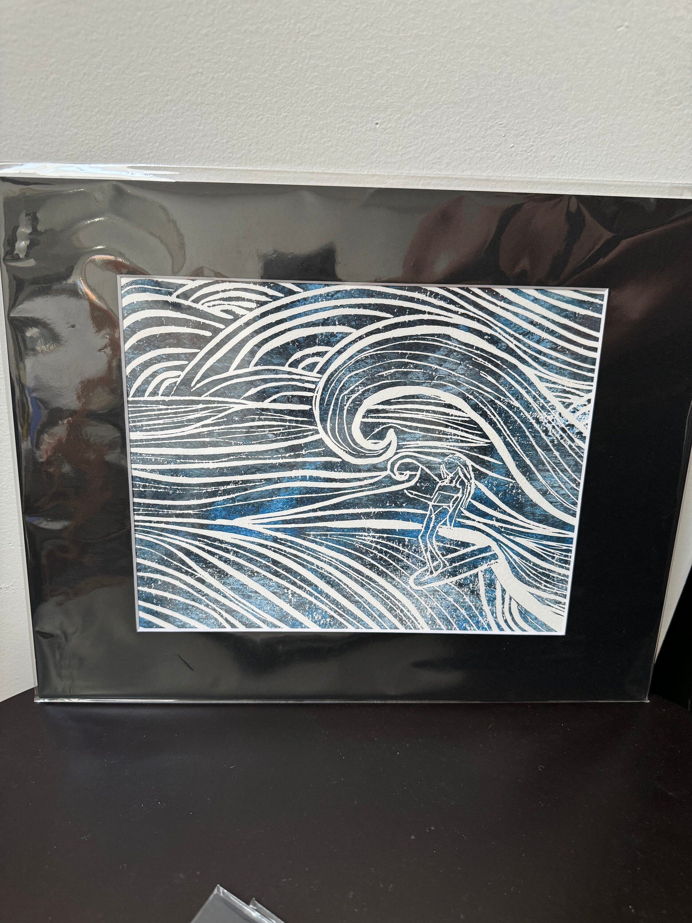 Surfer Girl on a wave 2   linoleum block print