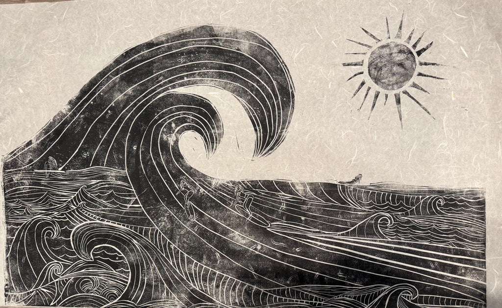 Wild surfers linoleum block print hand printed