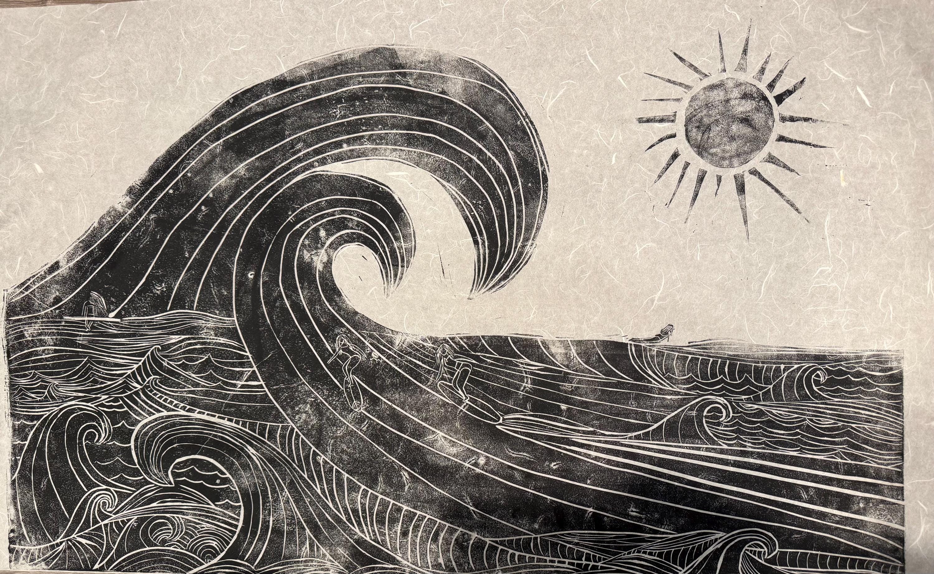 Wild surfers linoleum block print hand printed