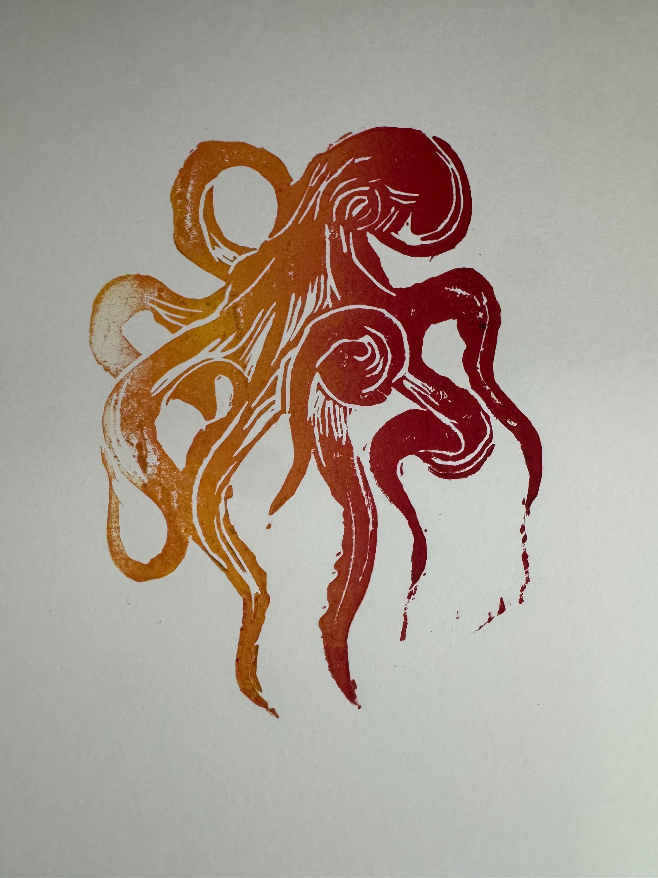 Octopus linoleum block print hand printed