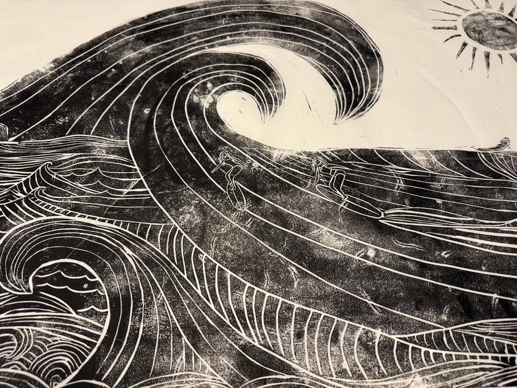 Wild surfers linoleum block print hand printed