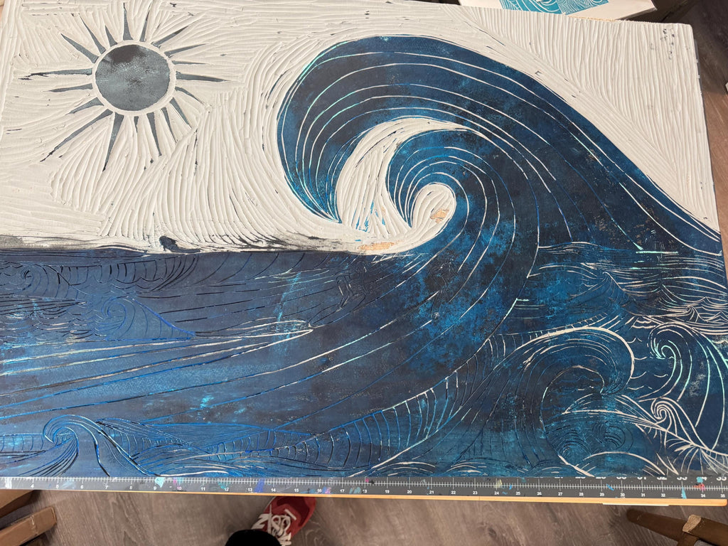 Wild surfers linoleum block print hand printed