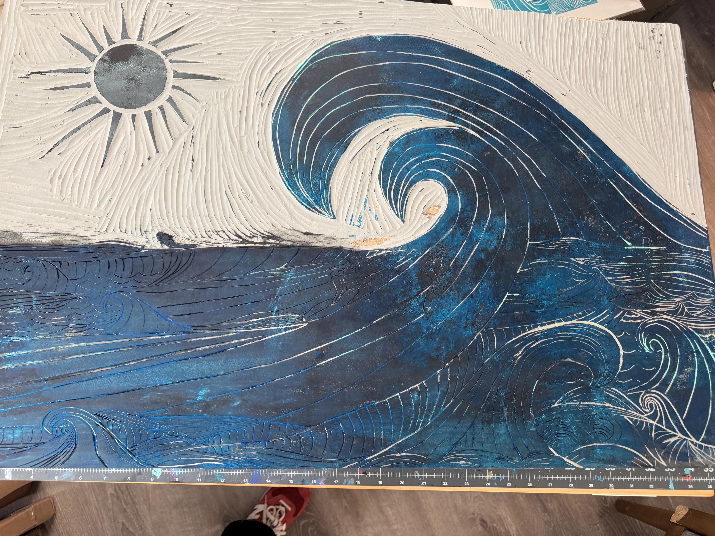Wild surfers linoleum block print hand printed