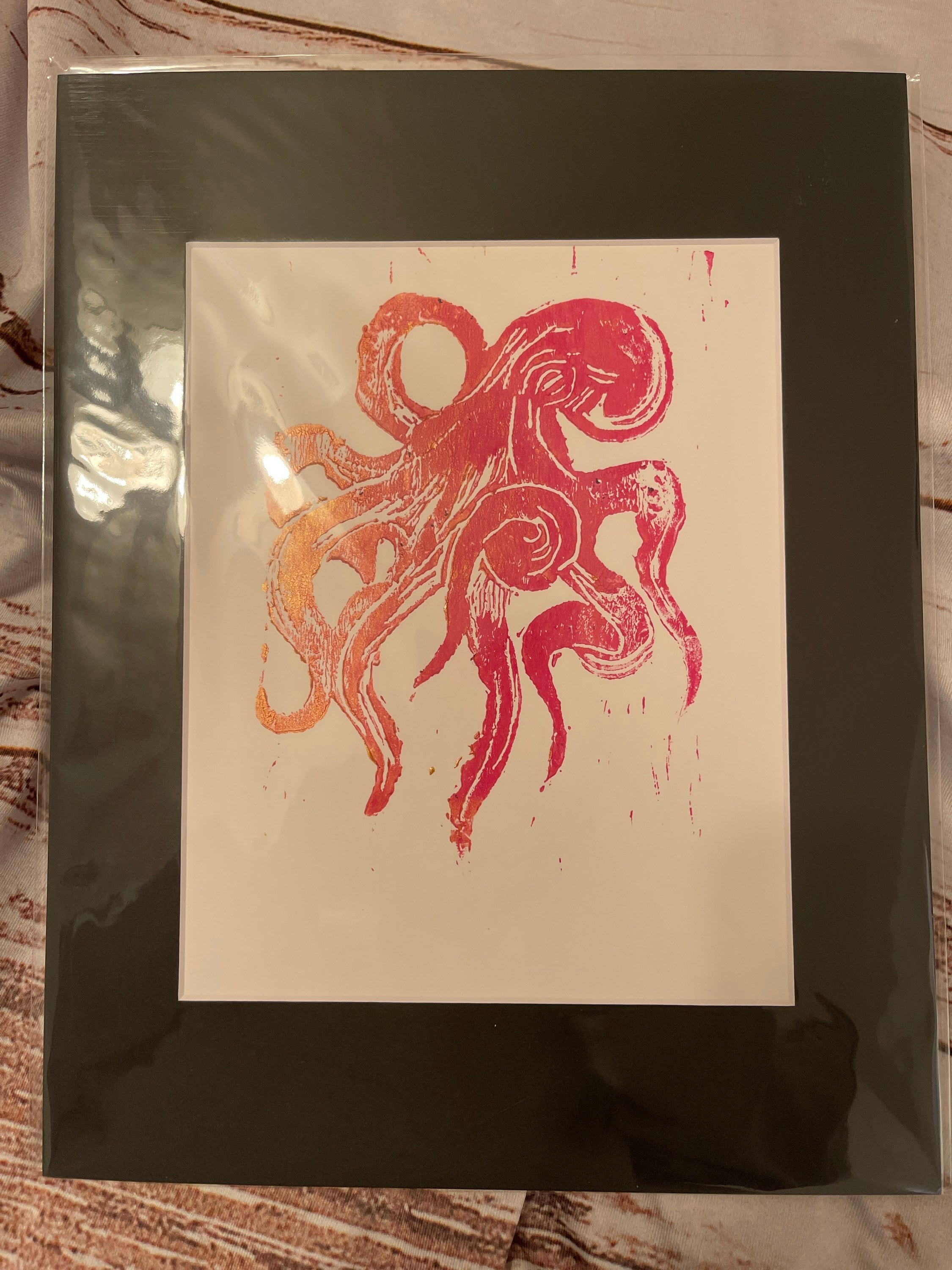 Octopus linoleum block print