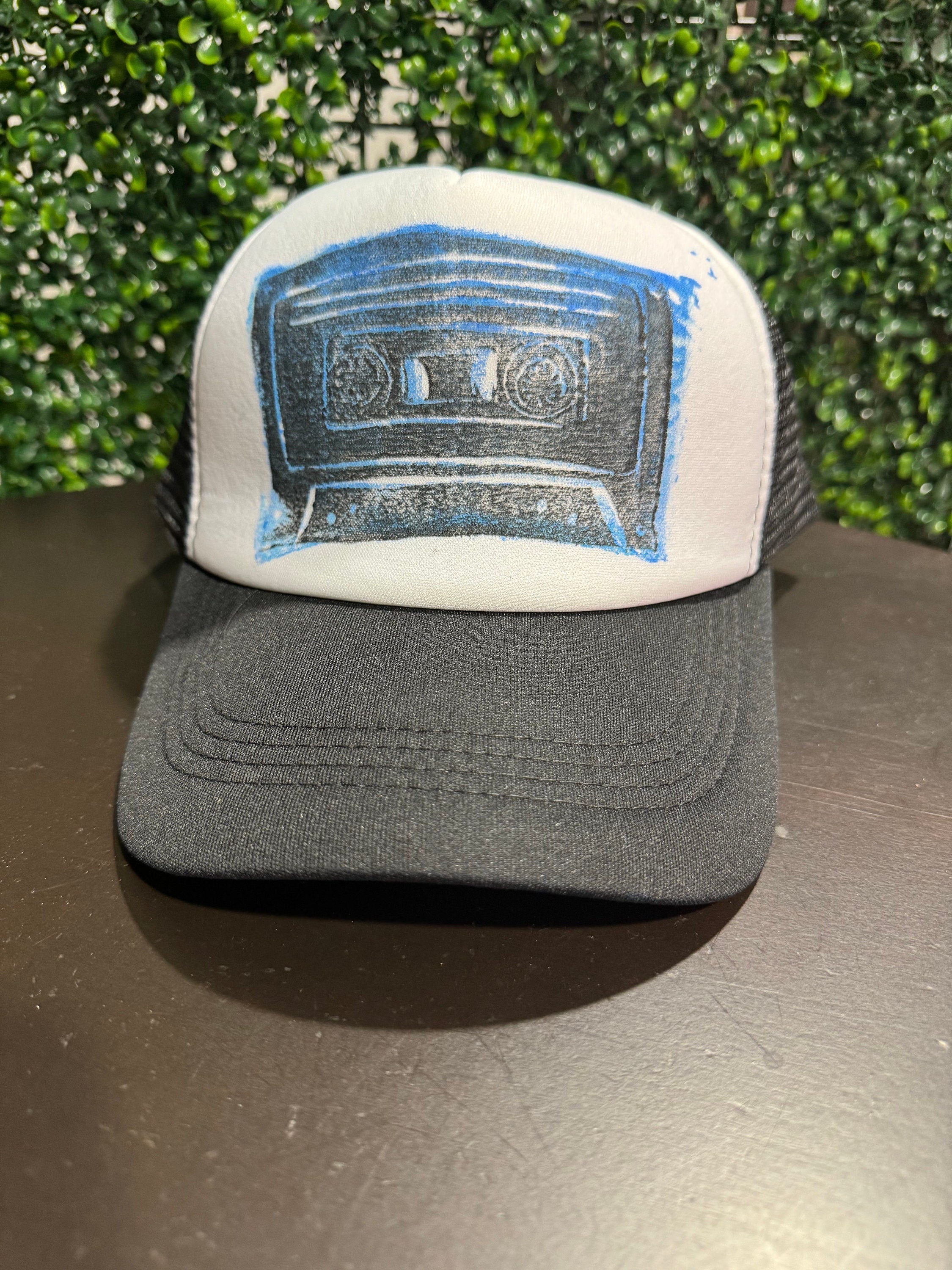 cassette tape trucker hat in blue