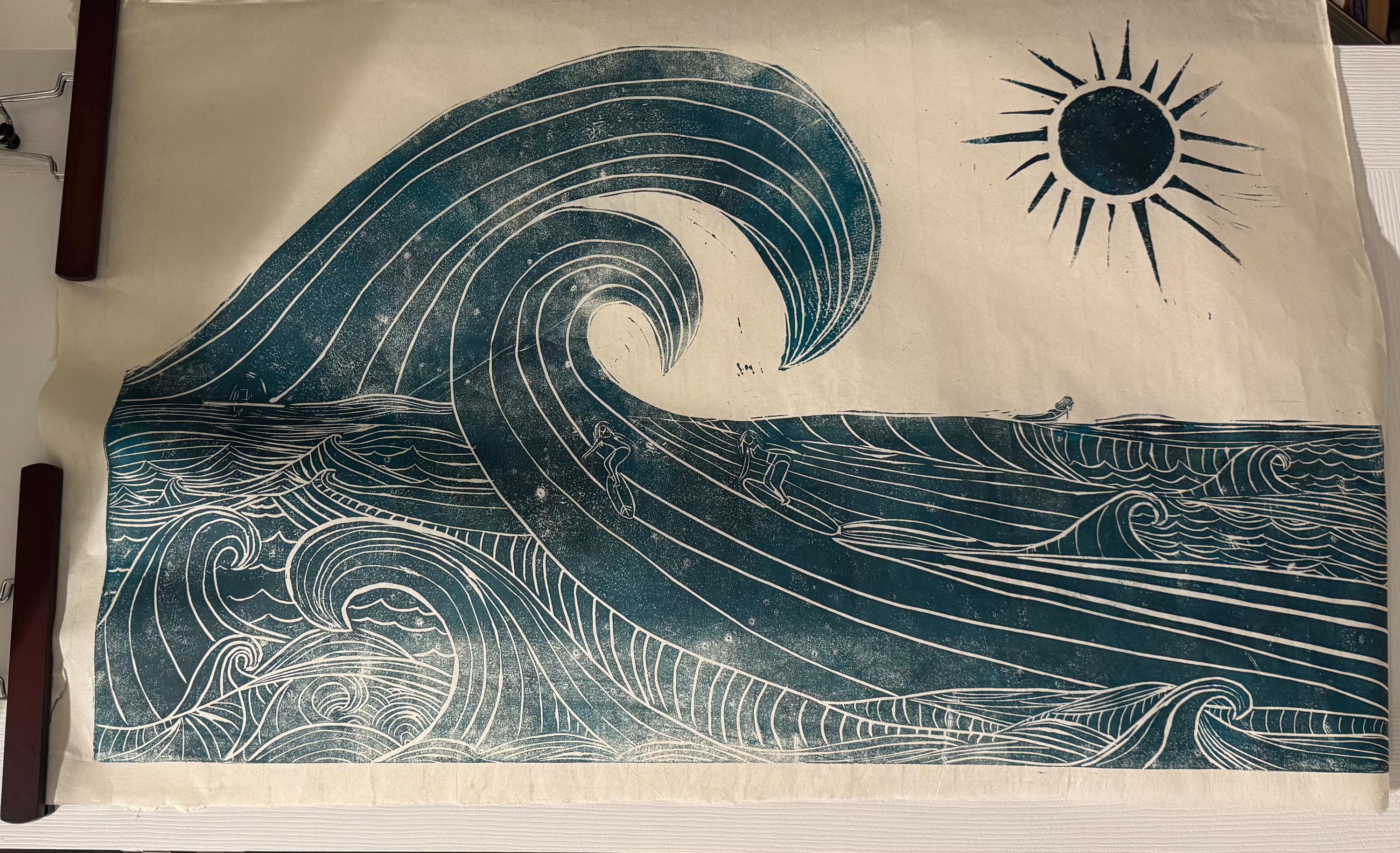 Wild surfers linoleum block print hand printed