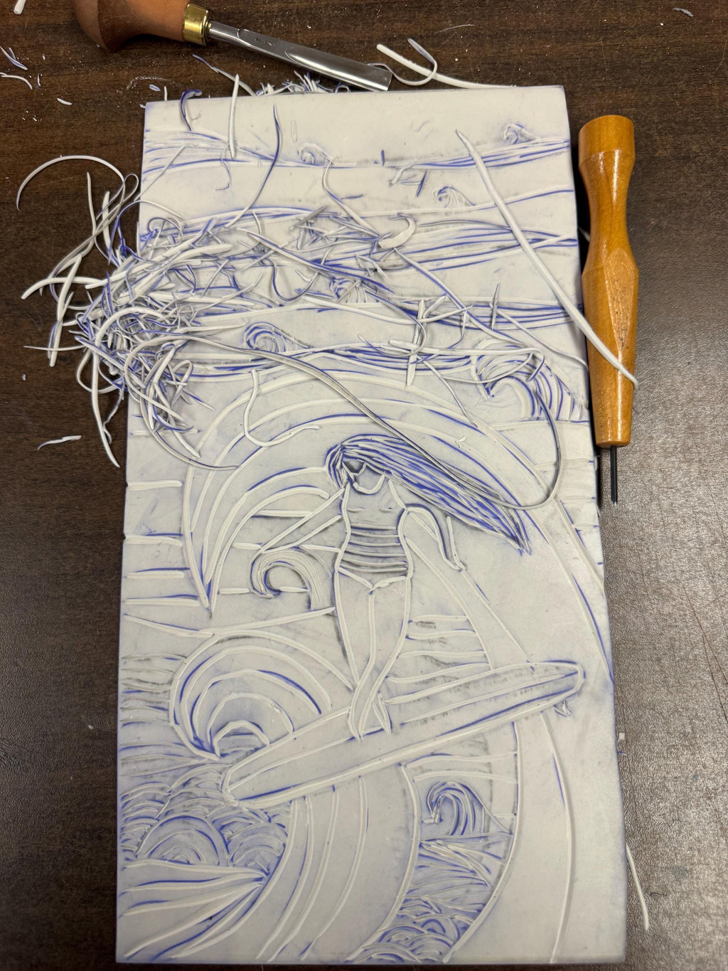 Surfer girl  linoleum block print hand printed