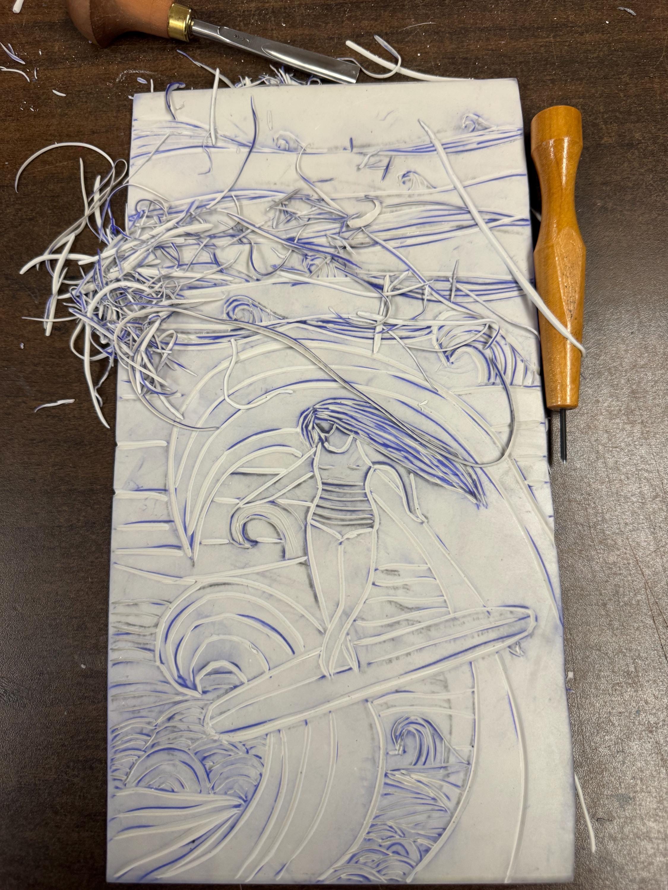 Surfer girl  linoleum block print hand printed