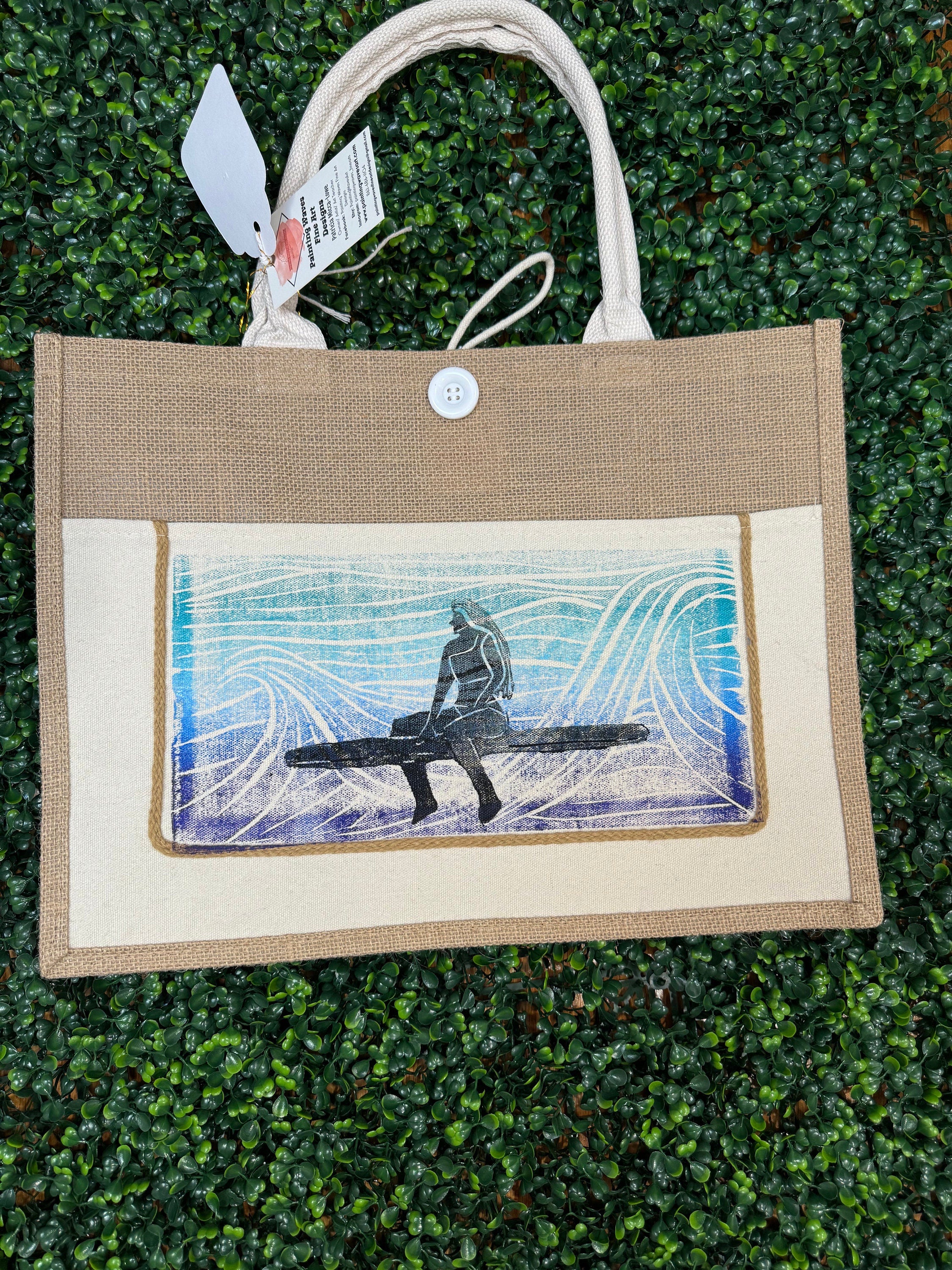 Surfer Girl Blue waves Burlap tote bag #1