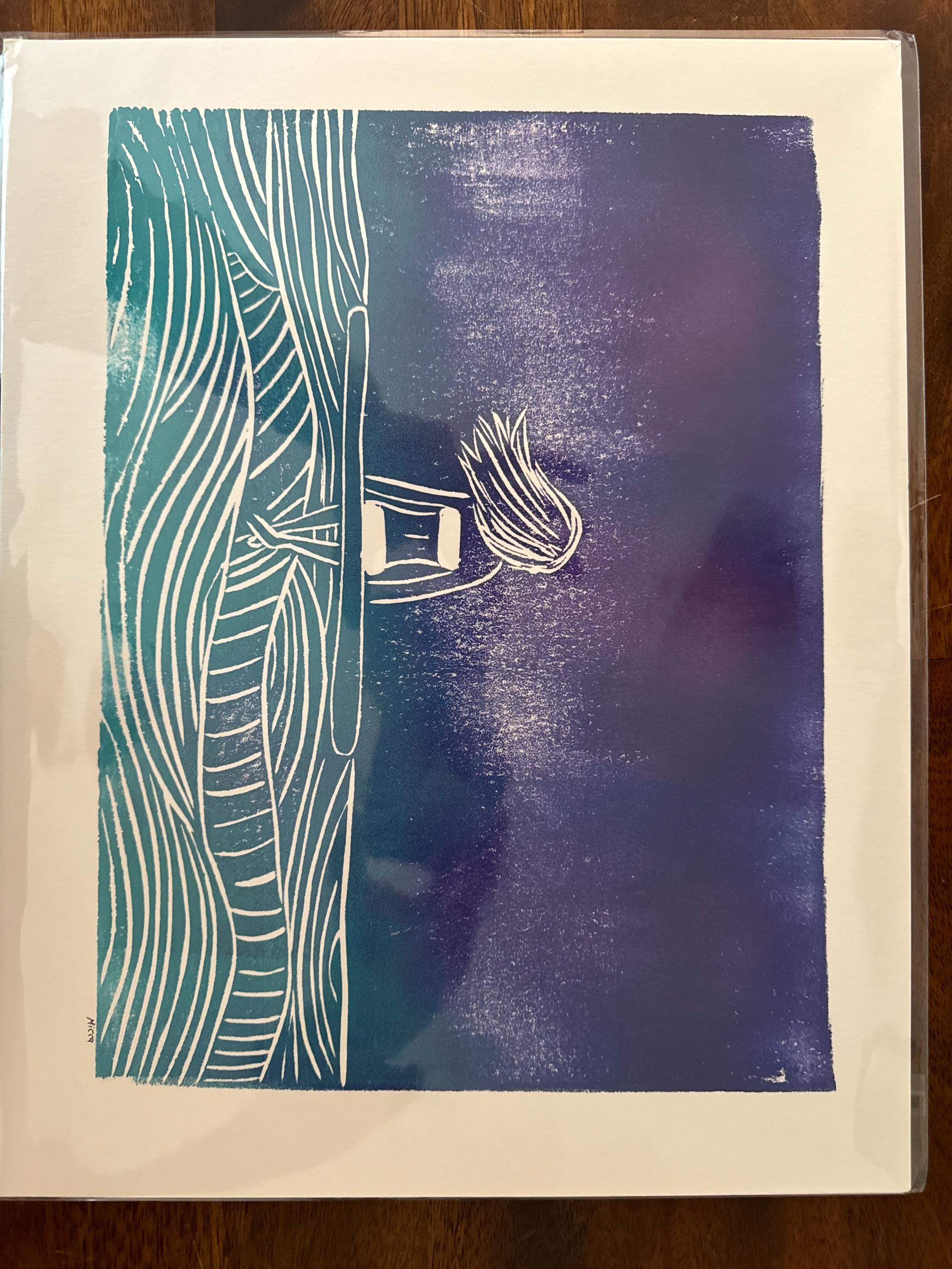 Surfer Girl Bella   linoleum block print