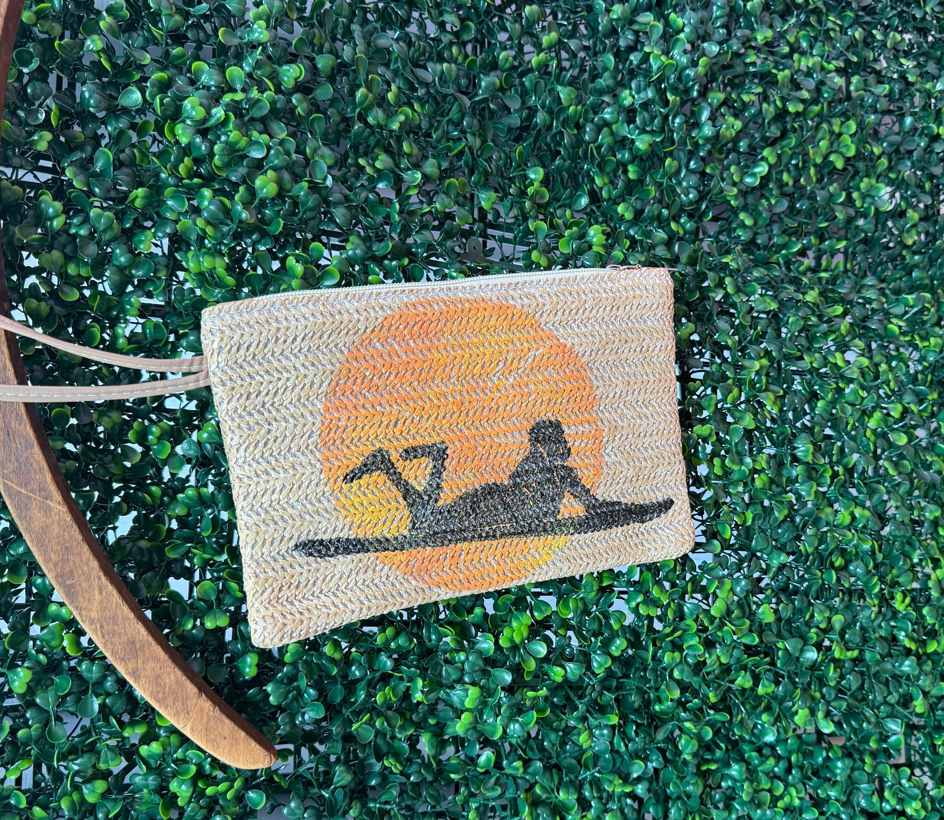 Surfer girl sunset #1 straw wristlet block printed hand printed
