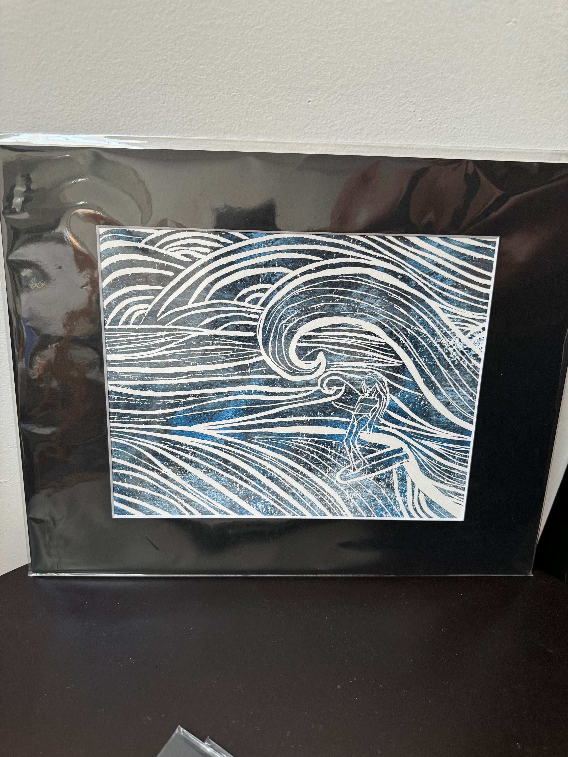 Surfer Girl on a wave 2   linoleum block print