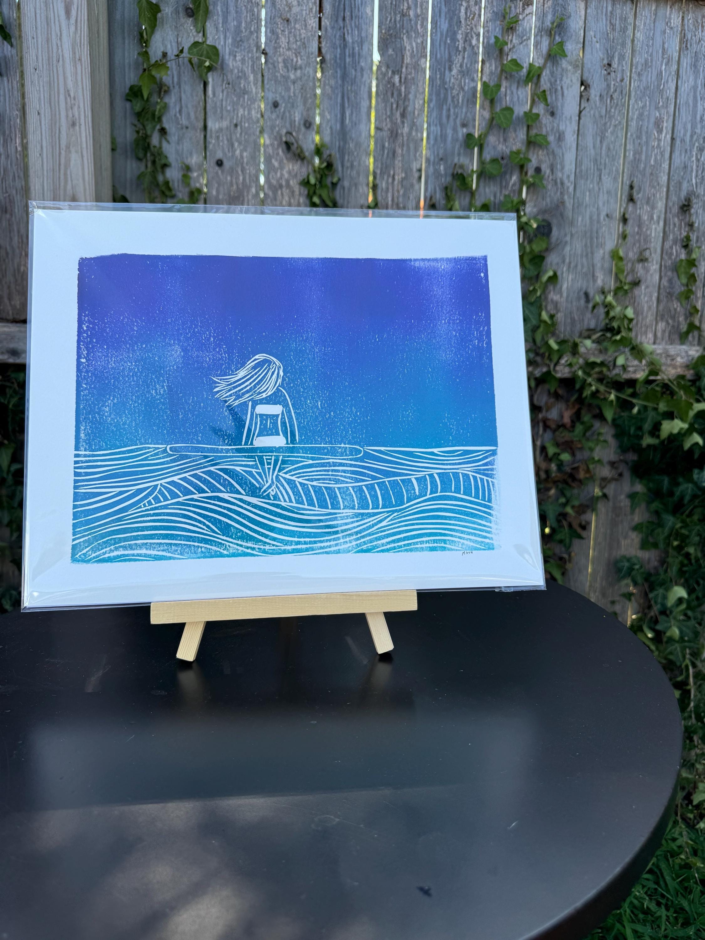 Surfer Girl Bella   linoleum block print