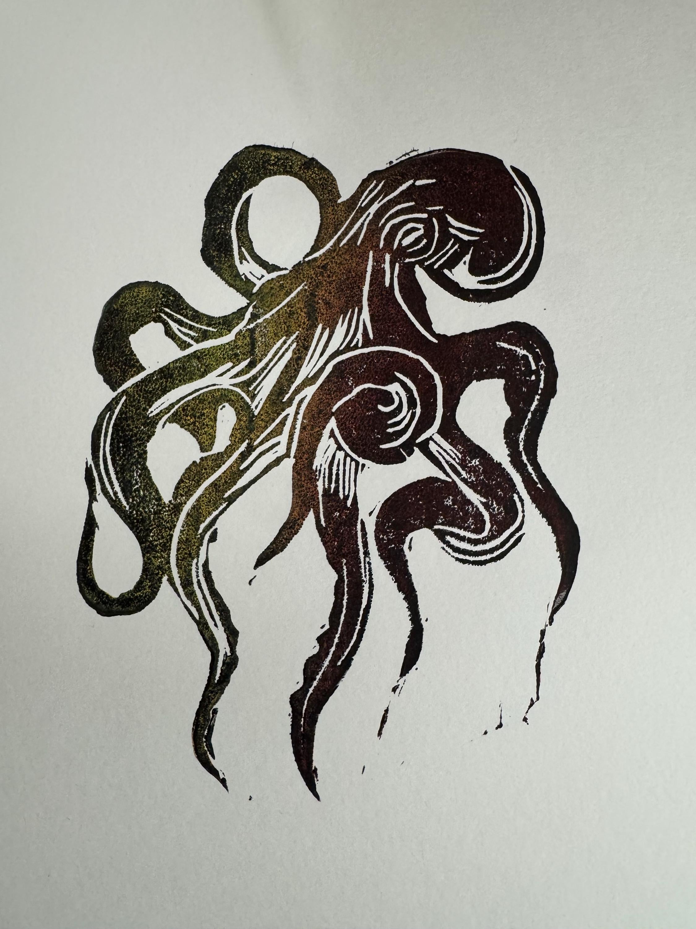 Octopus linoleum block print hand printed