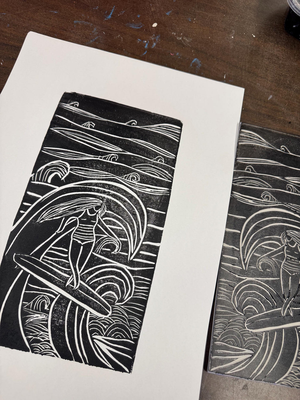 Surfer girl  linoleum block print hand printed
