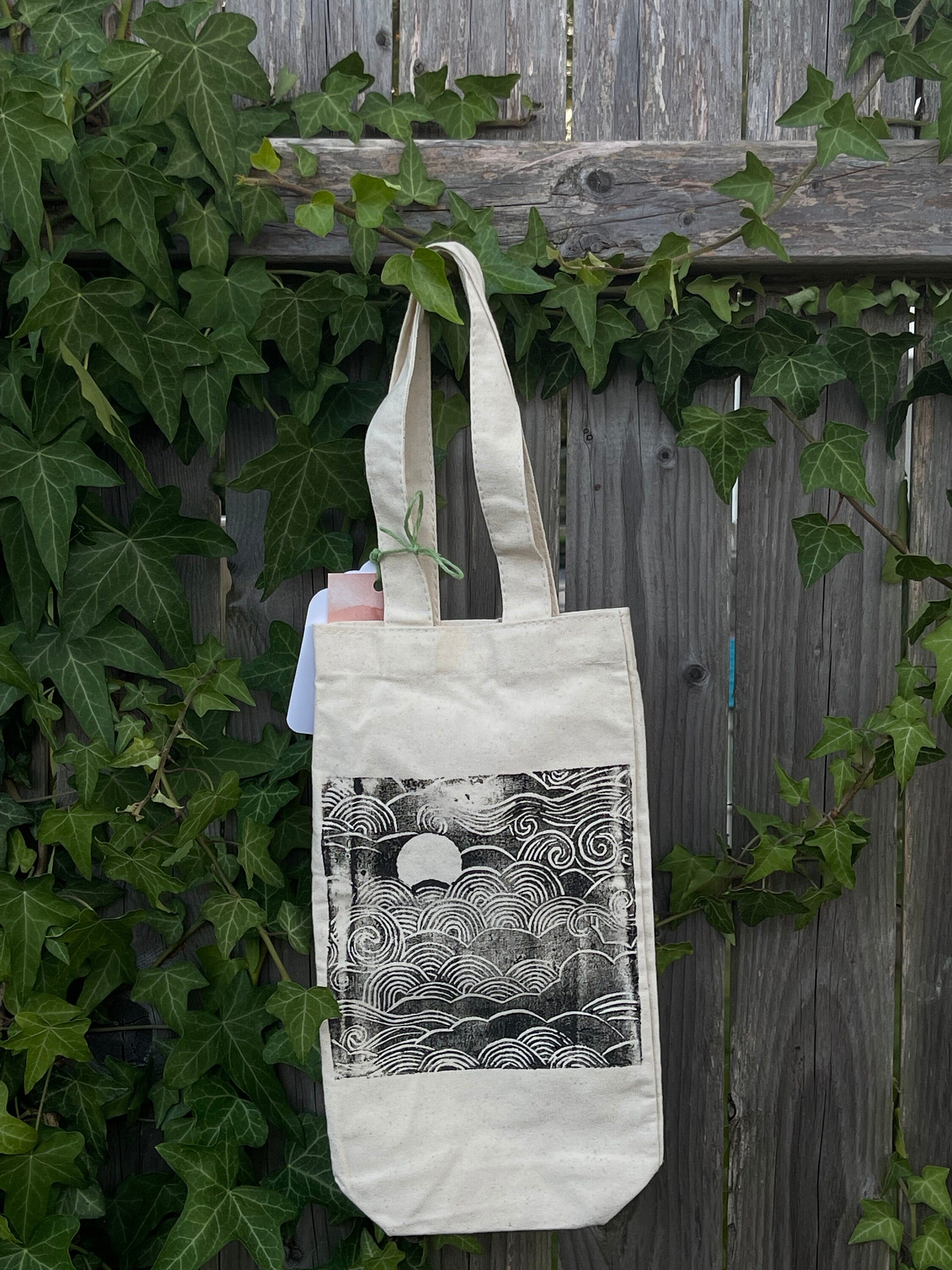 Moon & Waves Block Printed Wine bag art gift wine lover gift House Warming gifts