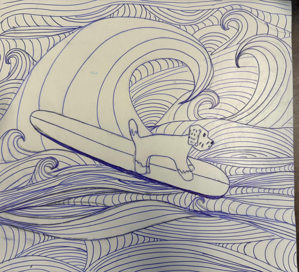 Surfer Doodle dog linoleum block print original designs hand printed