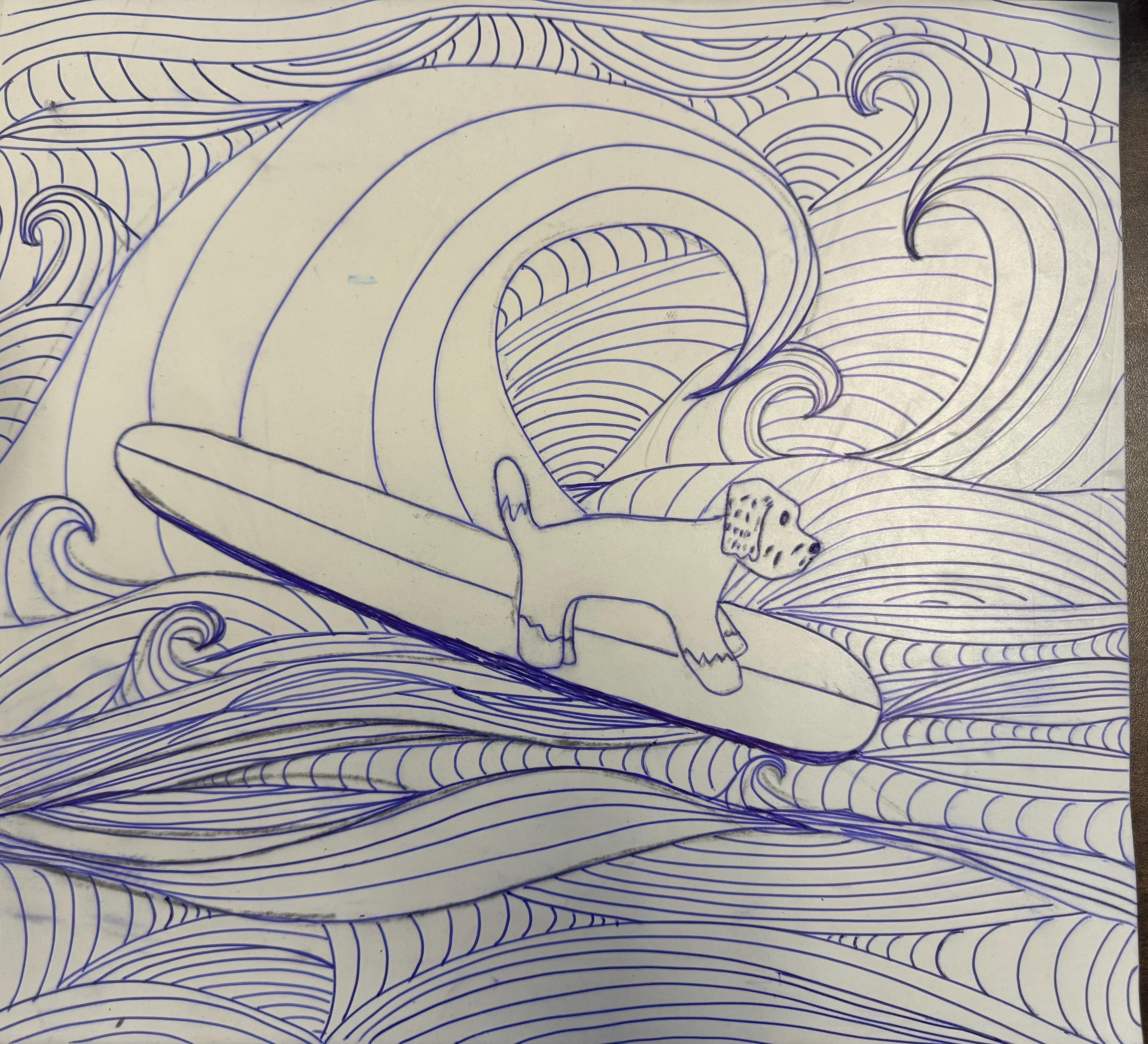 Surfer Doodle dog linoleum block print original designs hand printed