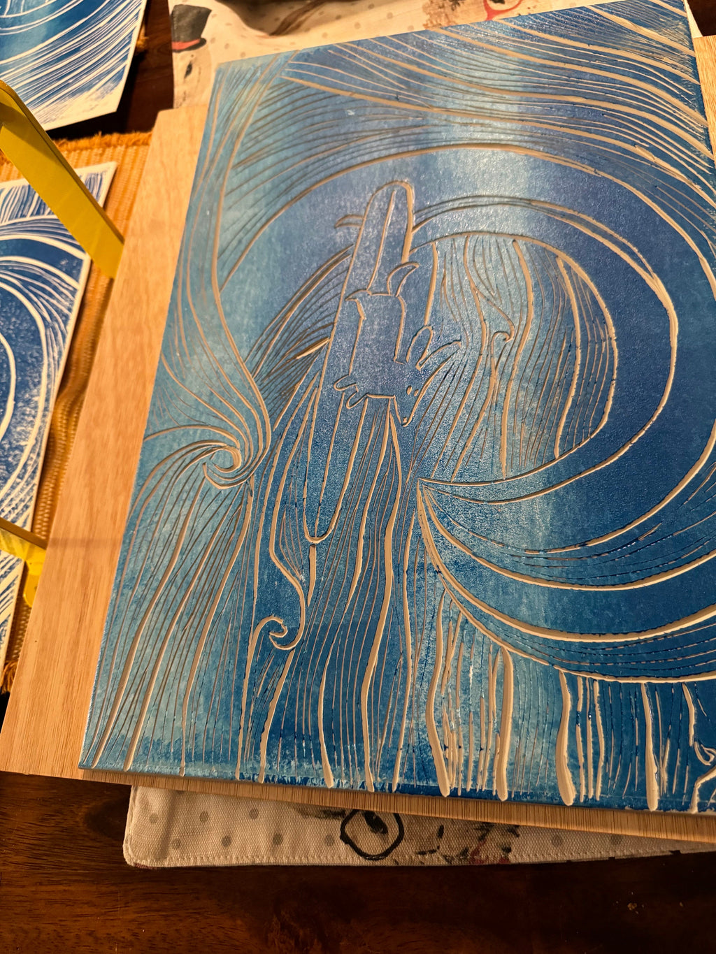 Surfer dog linoleum block print
