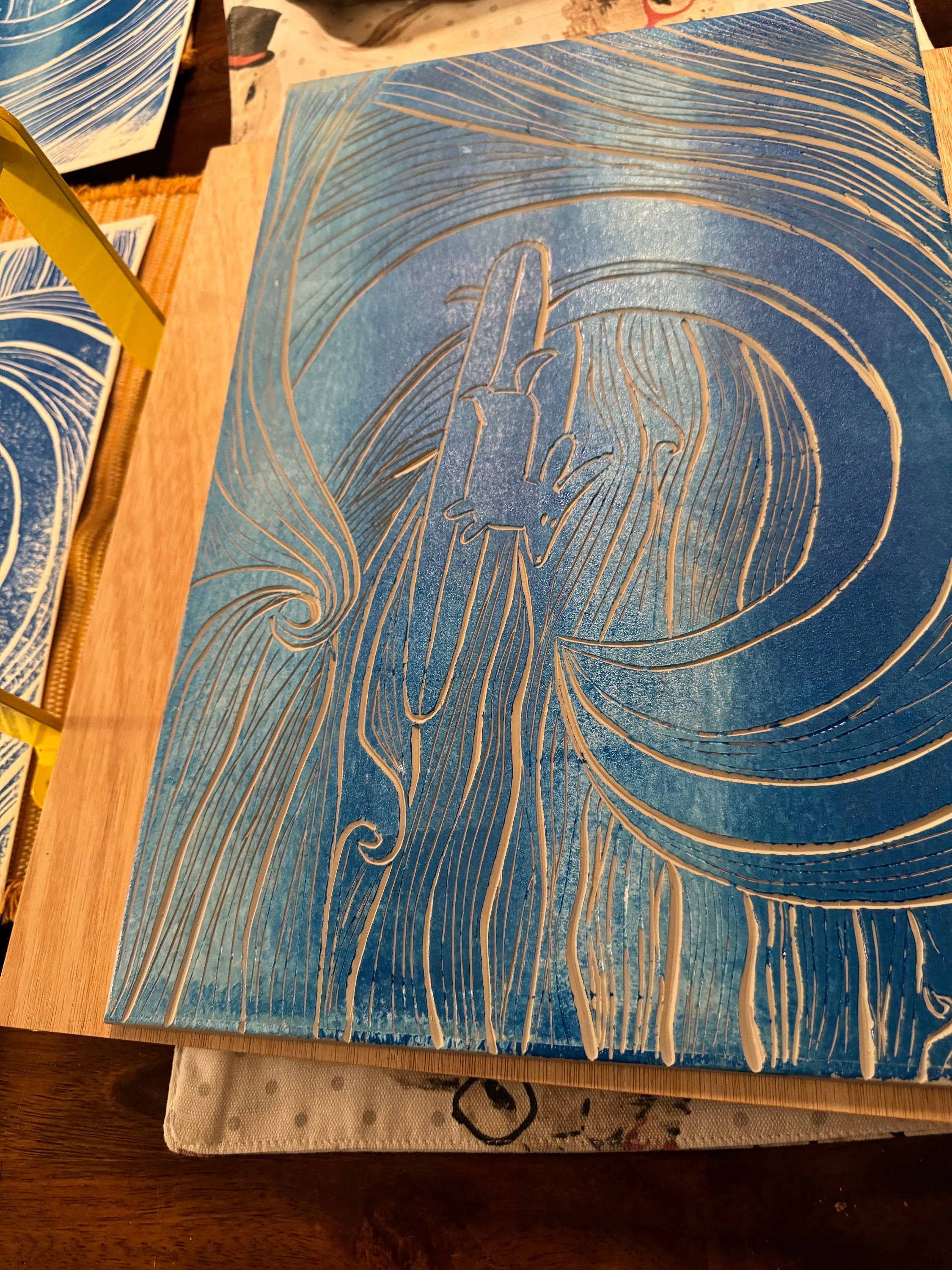 Surfer dog linoleum block print