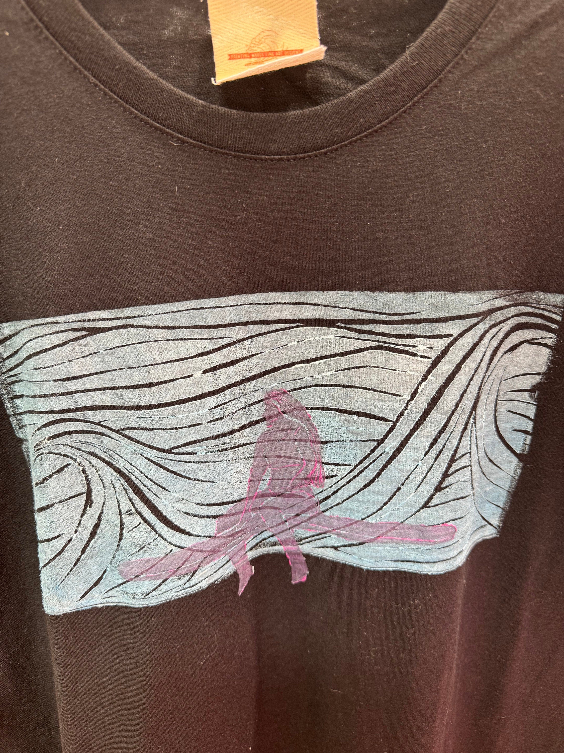 Beach surfer girl with waves  block printed by hand Black T-shirt
