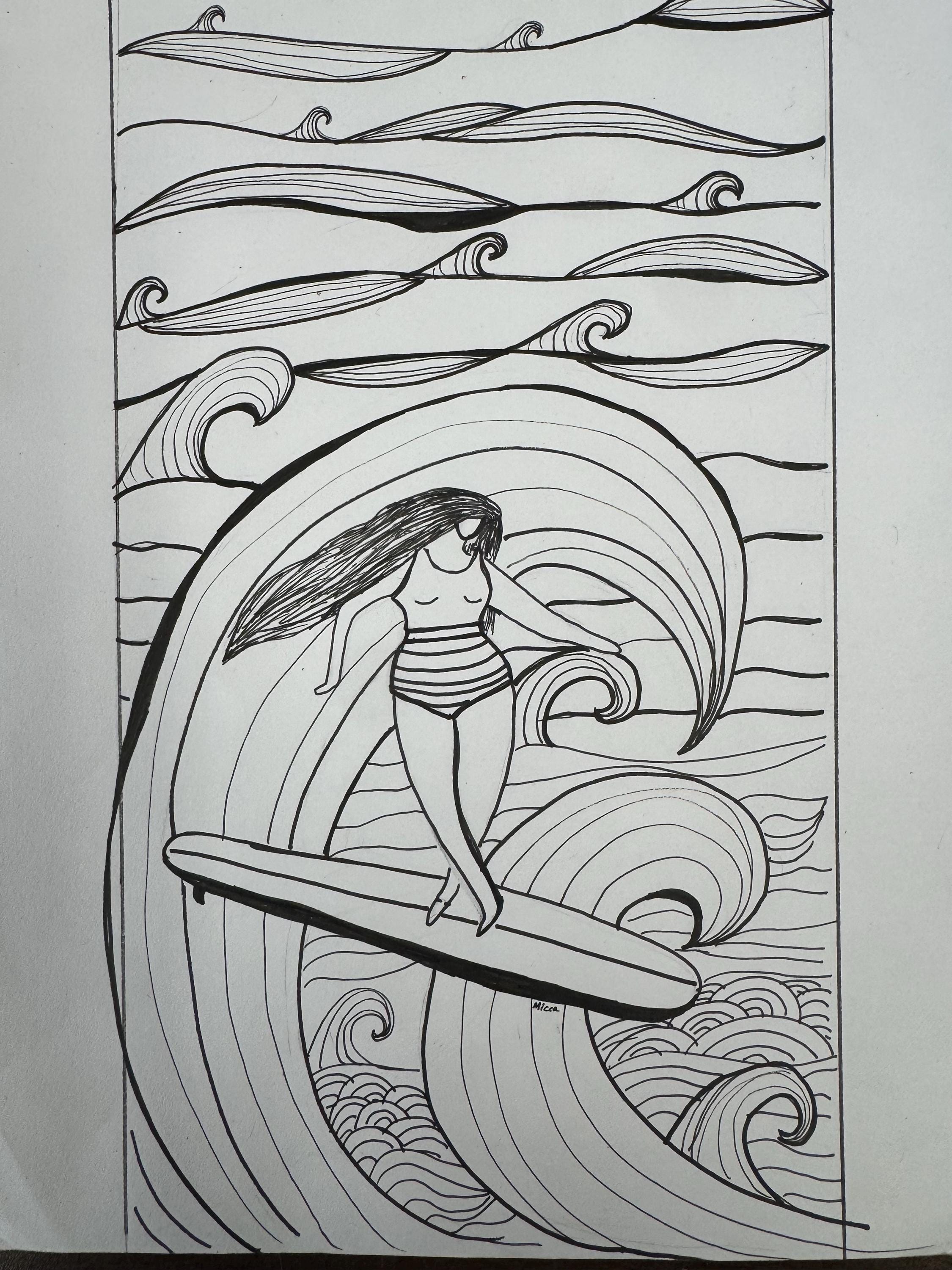 Surfer girl  linoleum block print hand printed