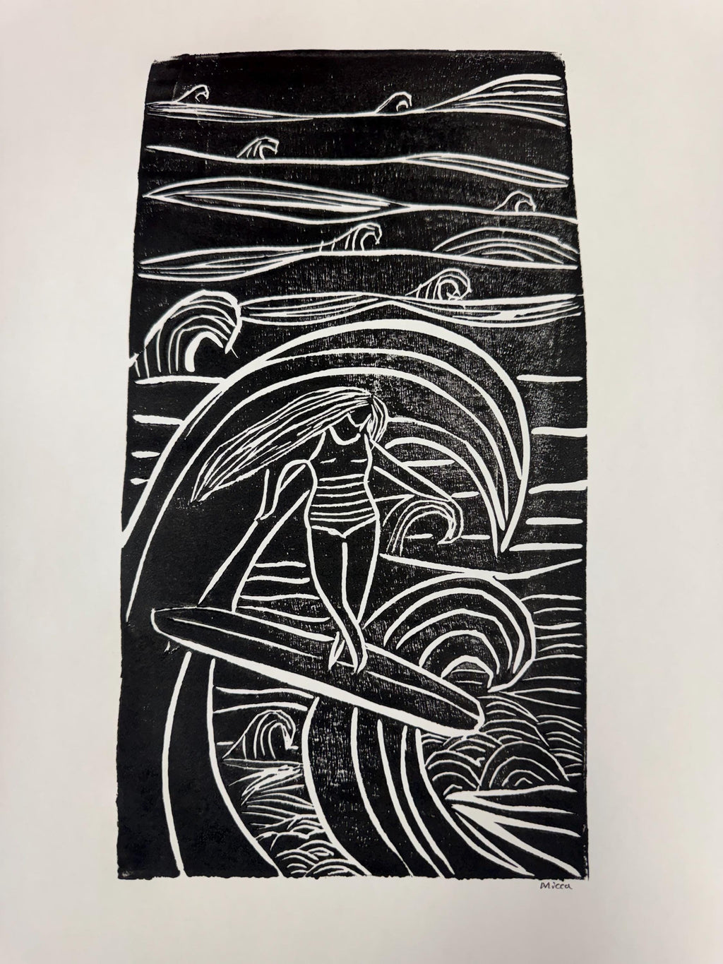 Surfer girl  linoleum block print hand printed