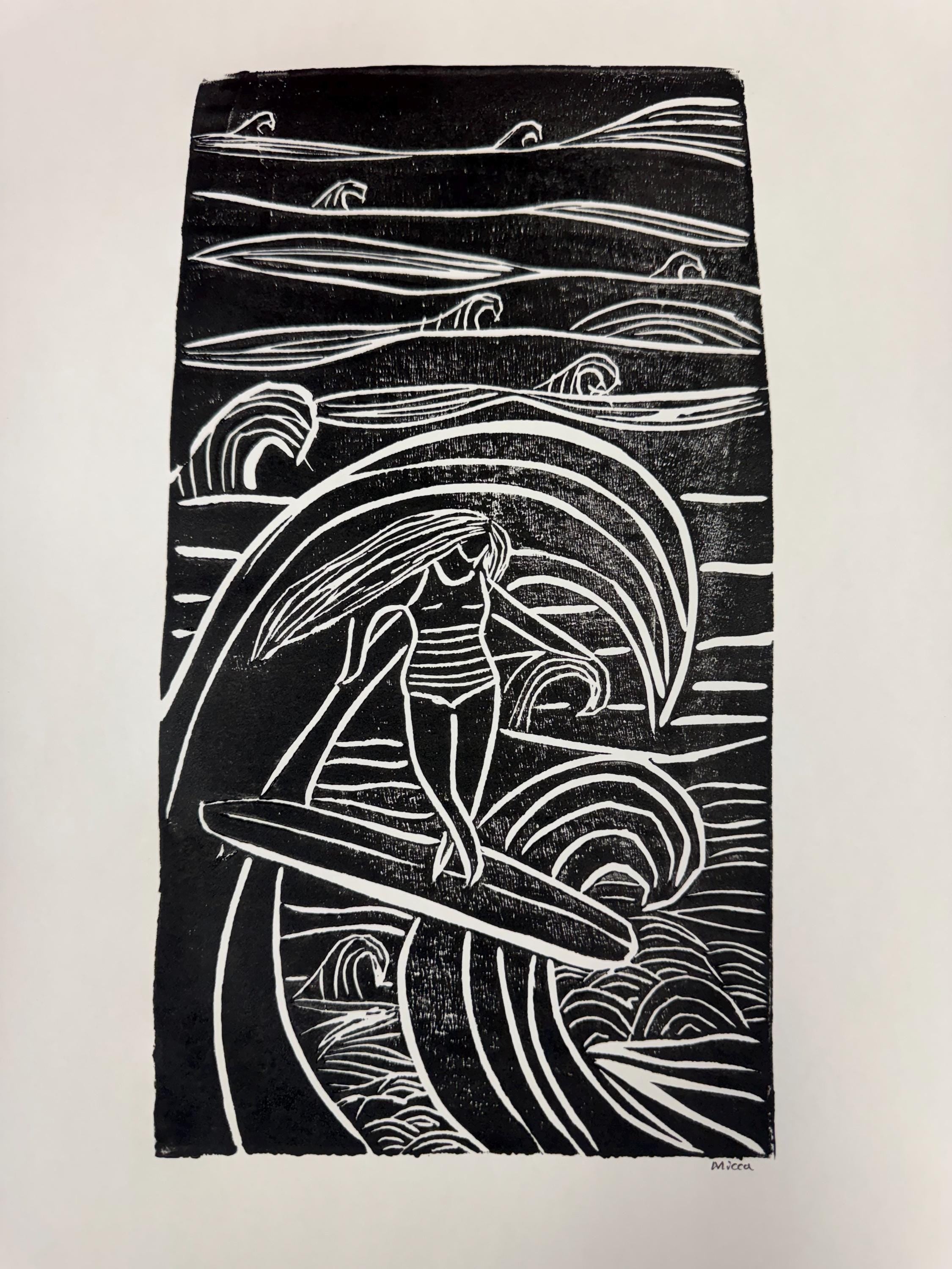 Surfer girl  linoleum block print hand printed