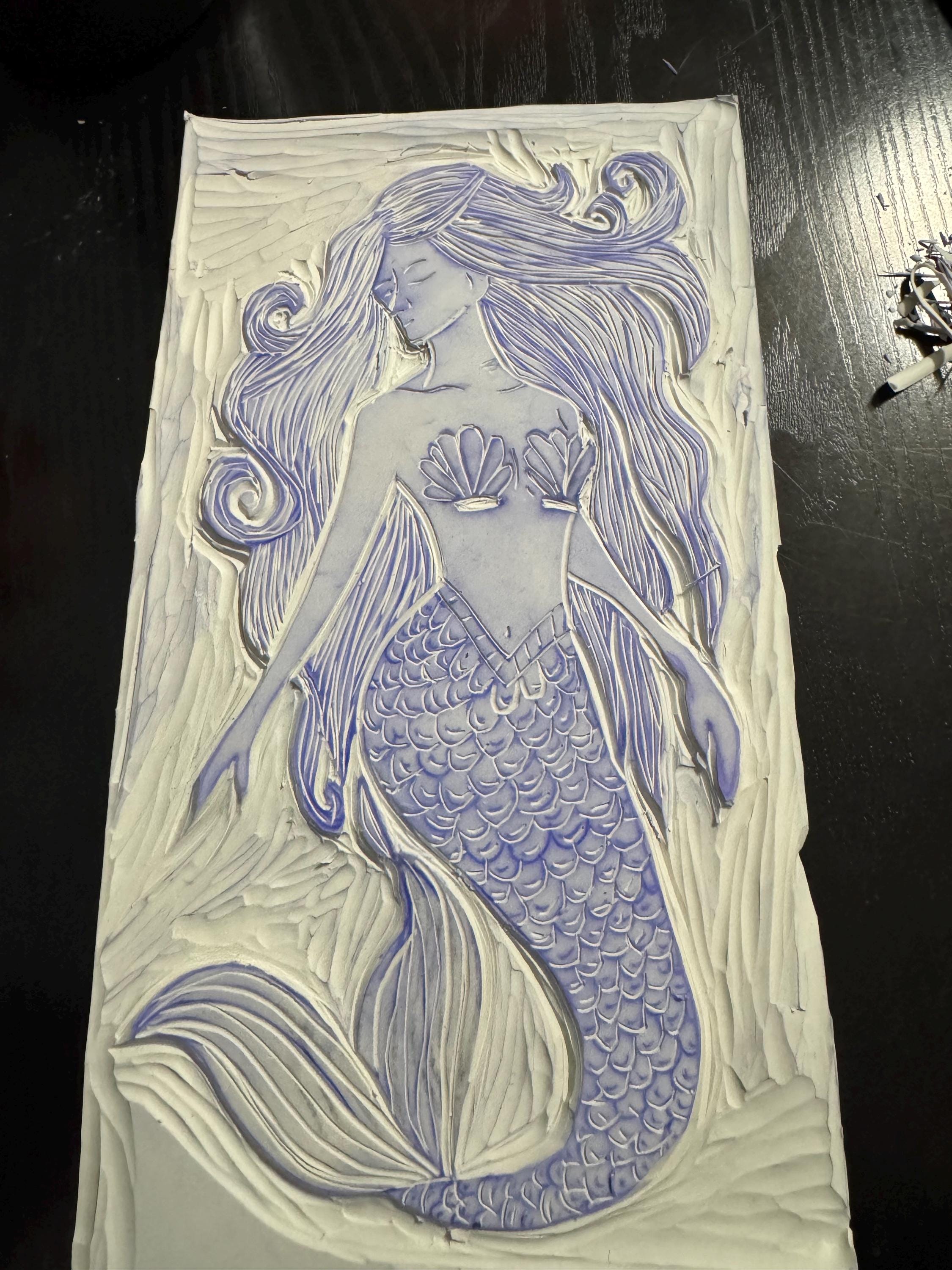 Wild Hair Mermaid linoleum block print hand printed