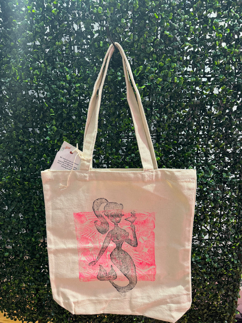 Martini mermaid hand printed block printed canvas tote bag