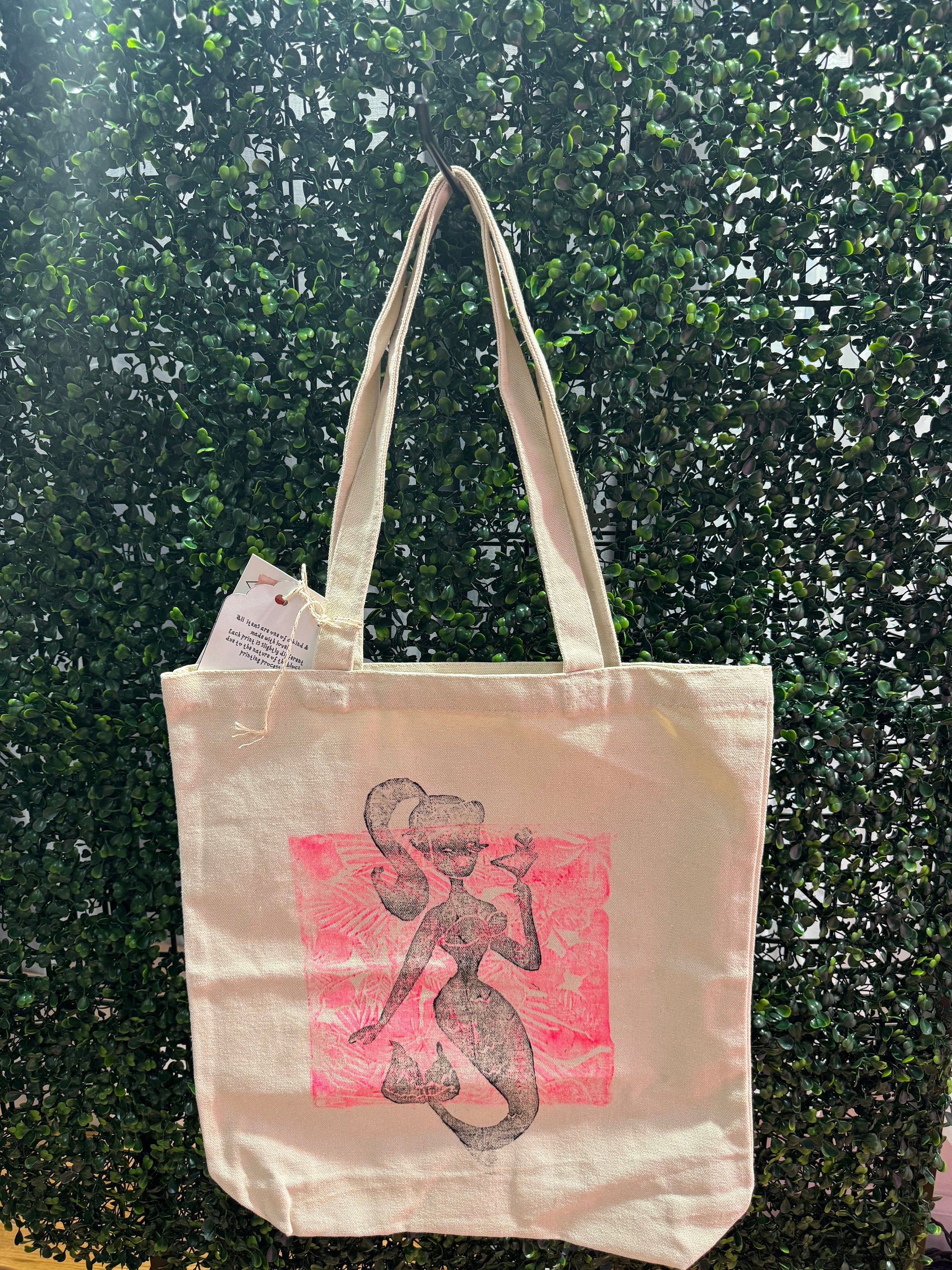 Martini mermaid hand printed block printed canvas tote bag