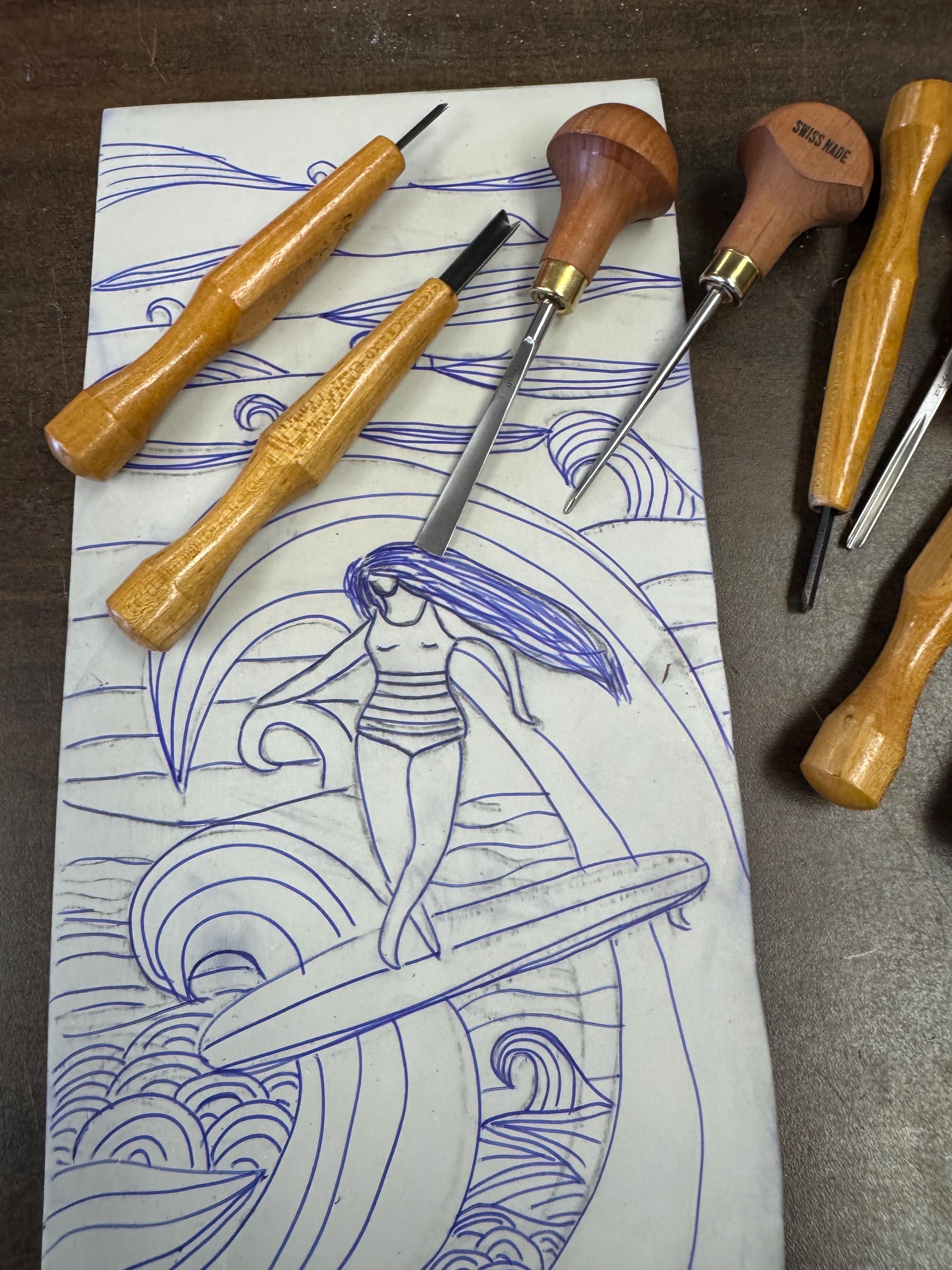 Surfer girl  linoleum block print hand printed