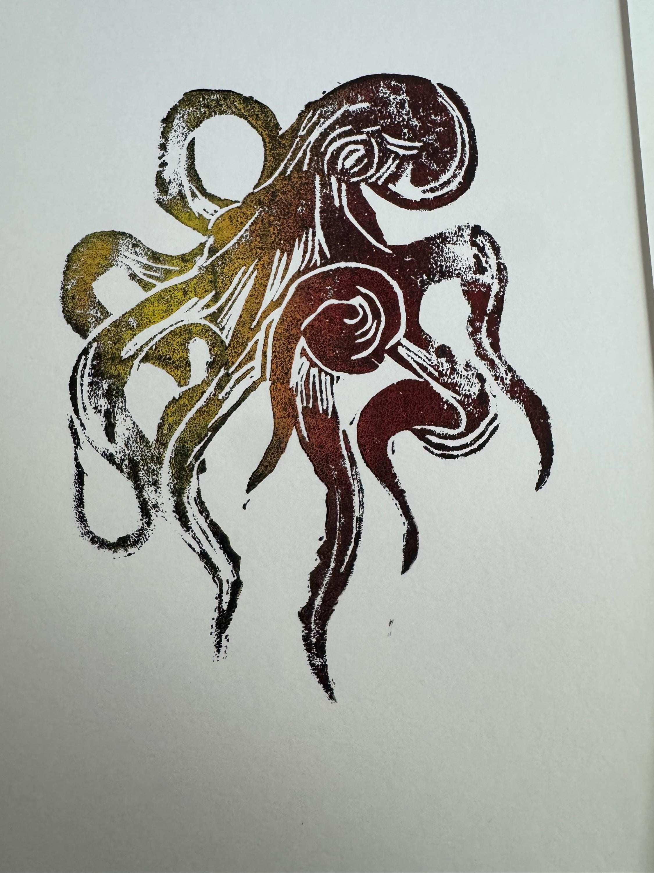 Octopus linoleum block print hand printed