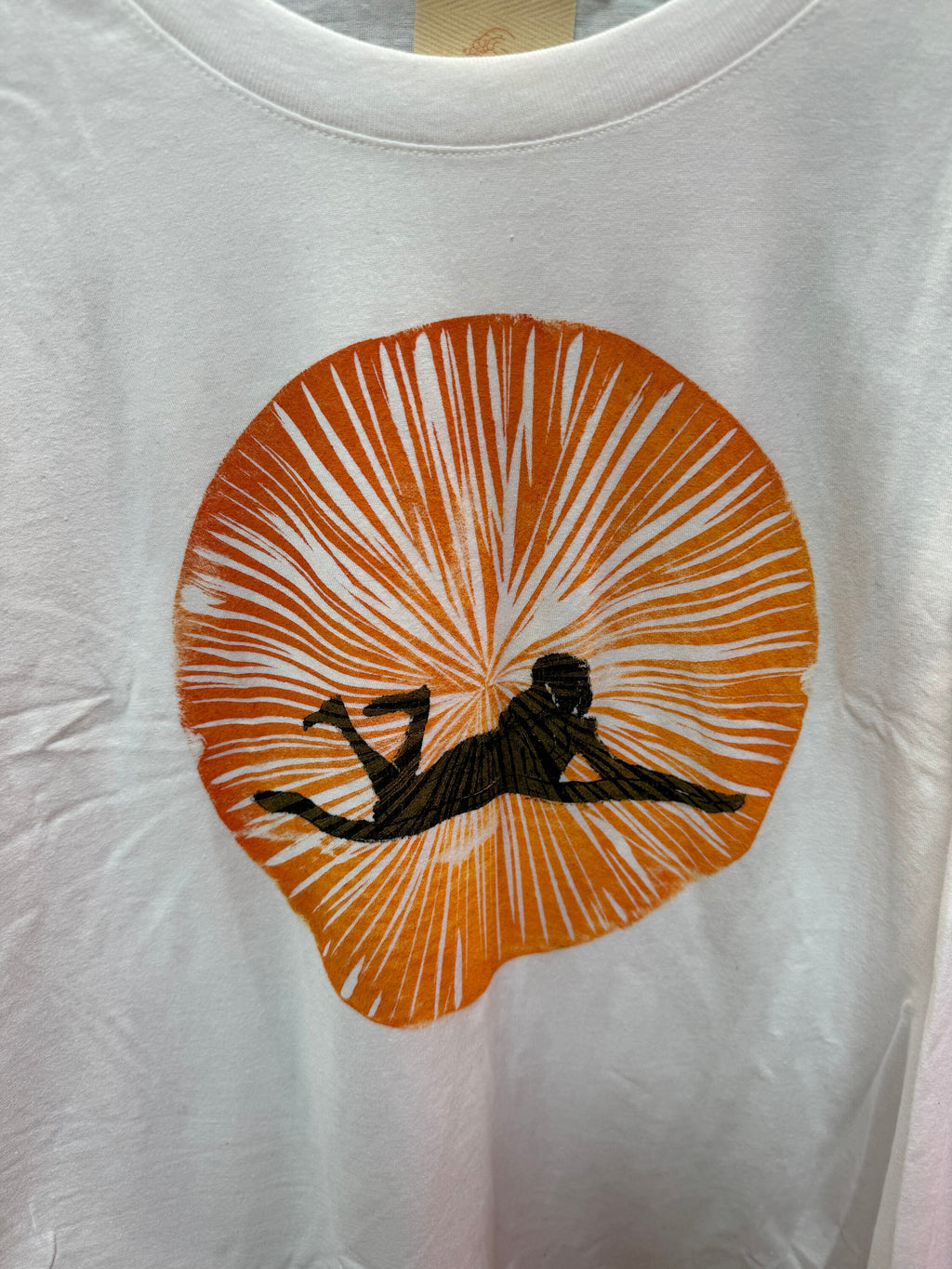 surfer girl wave white hand printed block printed T-shirt with orange sun