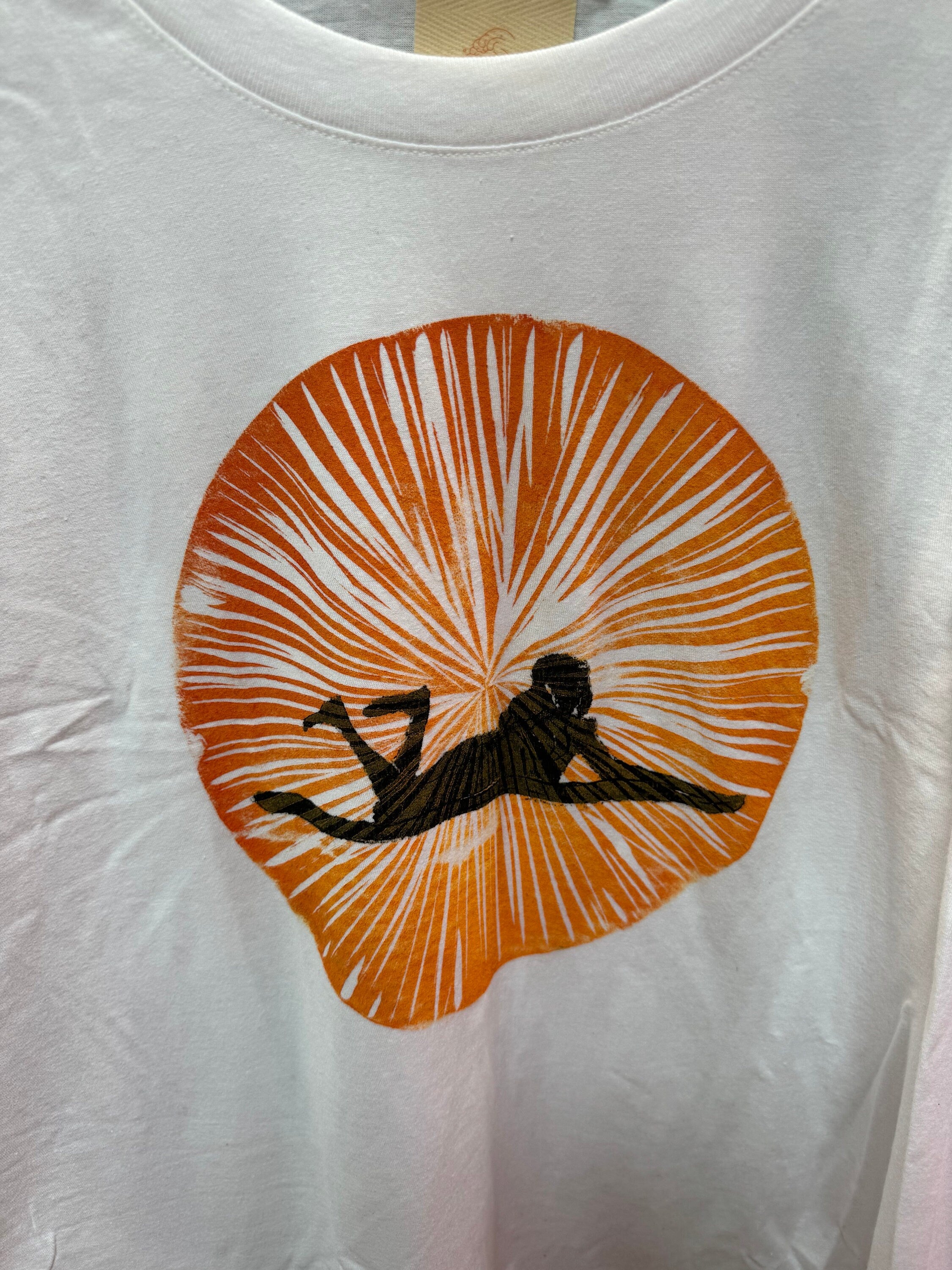 surfer girl wave white hand printed block printed T-shirt with orange sun