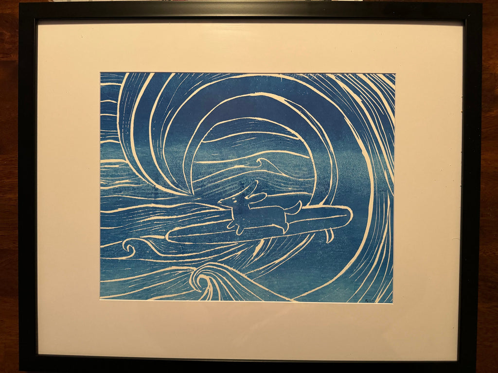 Surfer dog linoleum block print