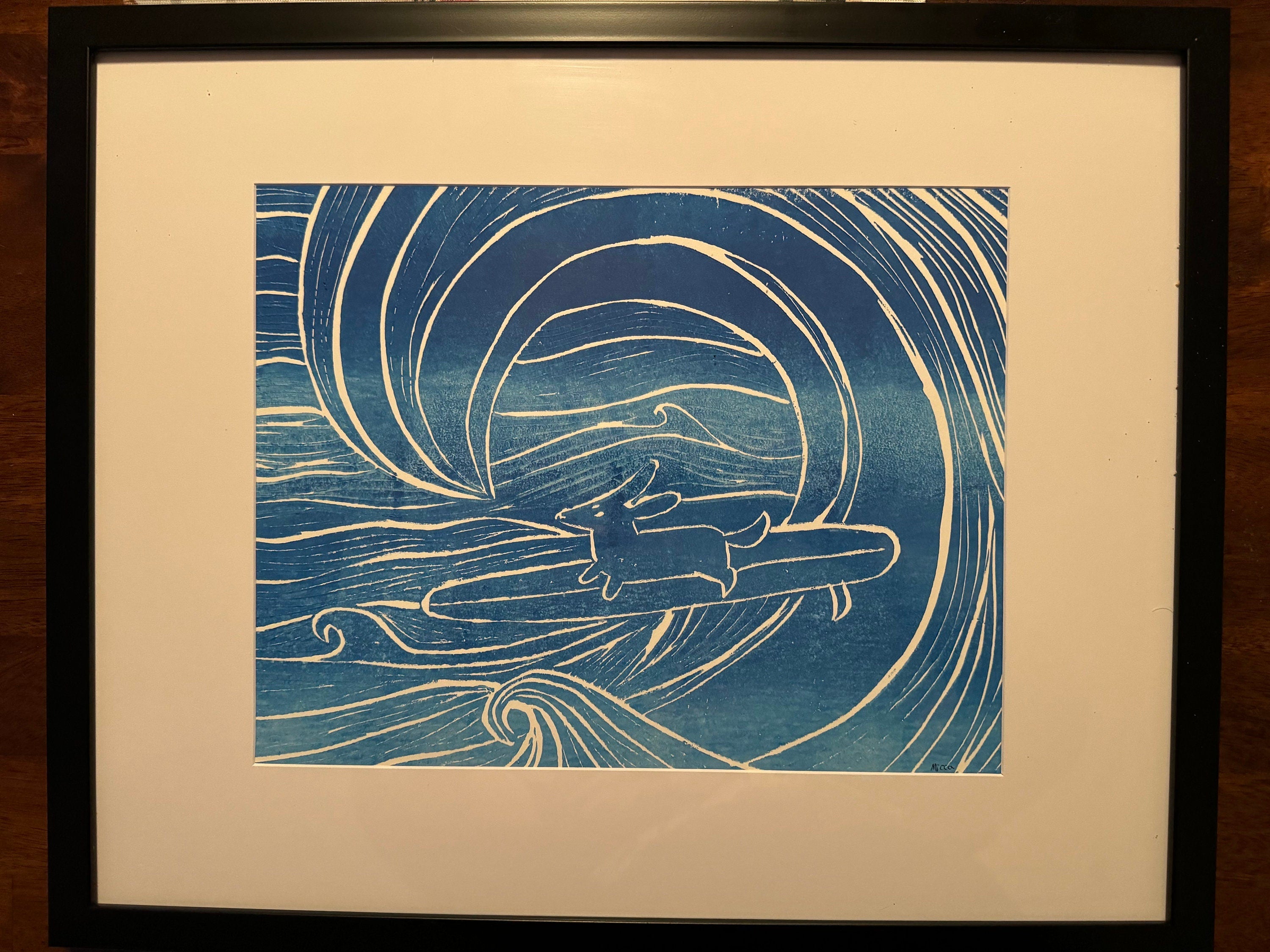 Surfer dog linoleum block print
