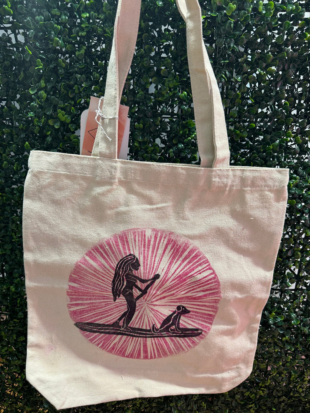 Block printed by hand Paddle boarder and pup beach tote bag