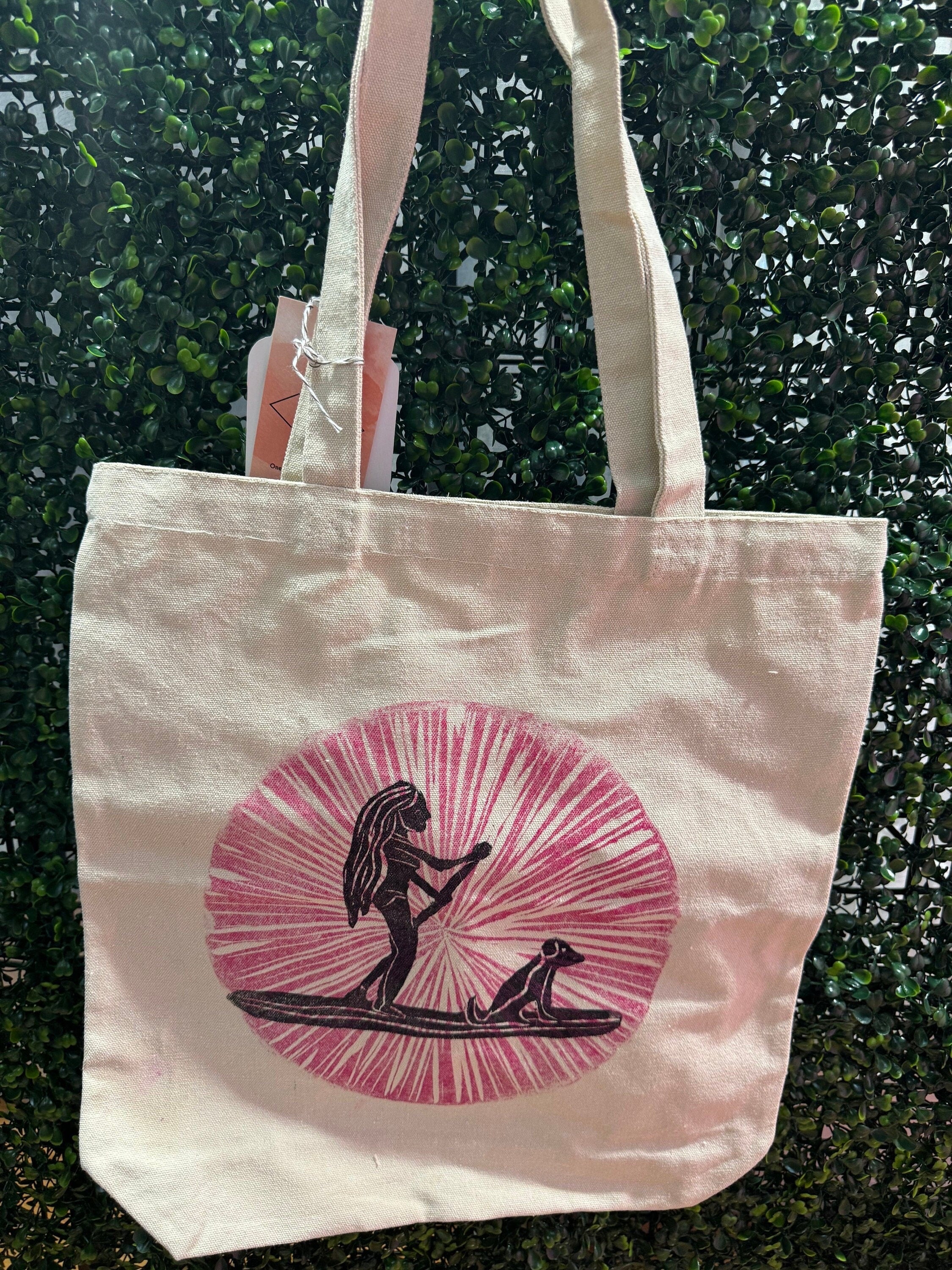 Block printed by hand Paddle boarder and pup beach tote bag