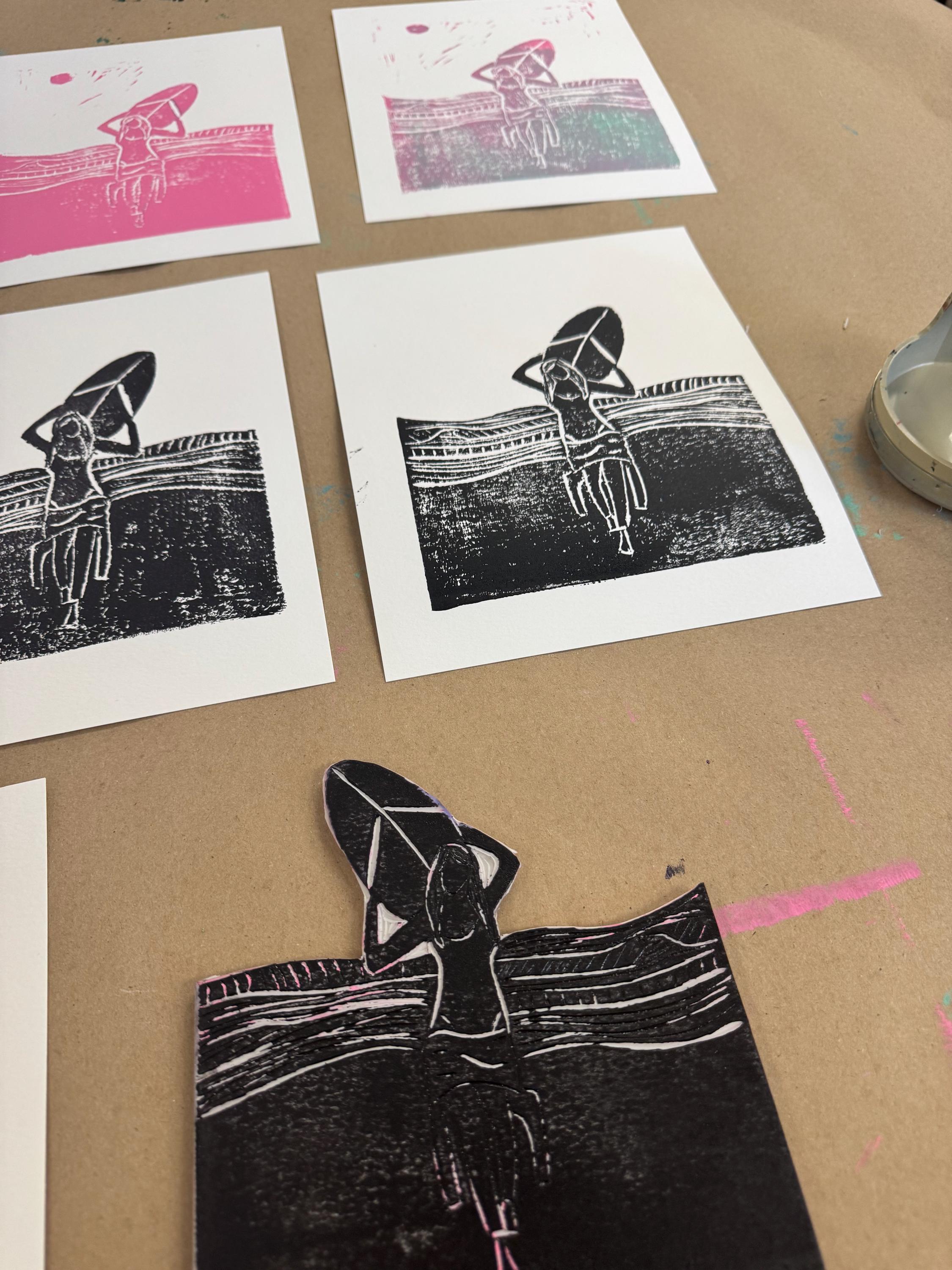 Old Skool Surfer Girl 3 Poster linoleum block print original designs hand printed custom order with your beach town